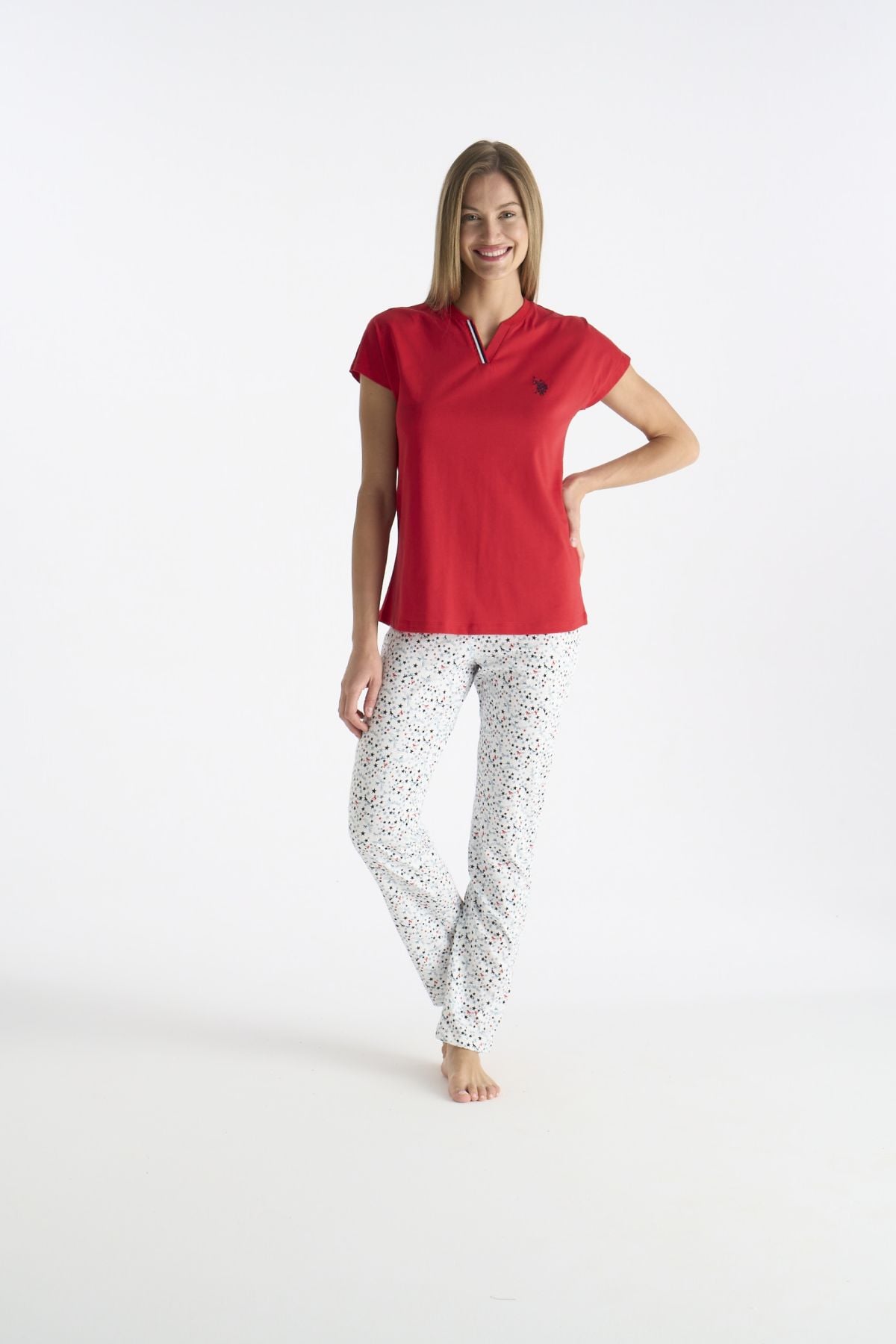 U.s Polo Assn. 20235 Kadın Kısa Kollu V Yakalı Pijama Takımı-Kırmızı