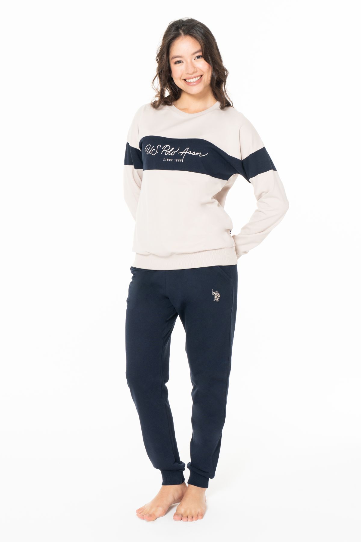 U.s Polo Assn. 20122 Kadın Uzun Kollu Bisiklet Yaka Paçası Bantlı Rahat Ev Giyim-Bej