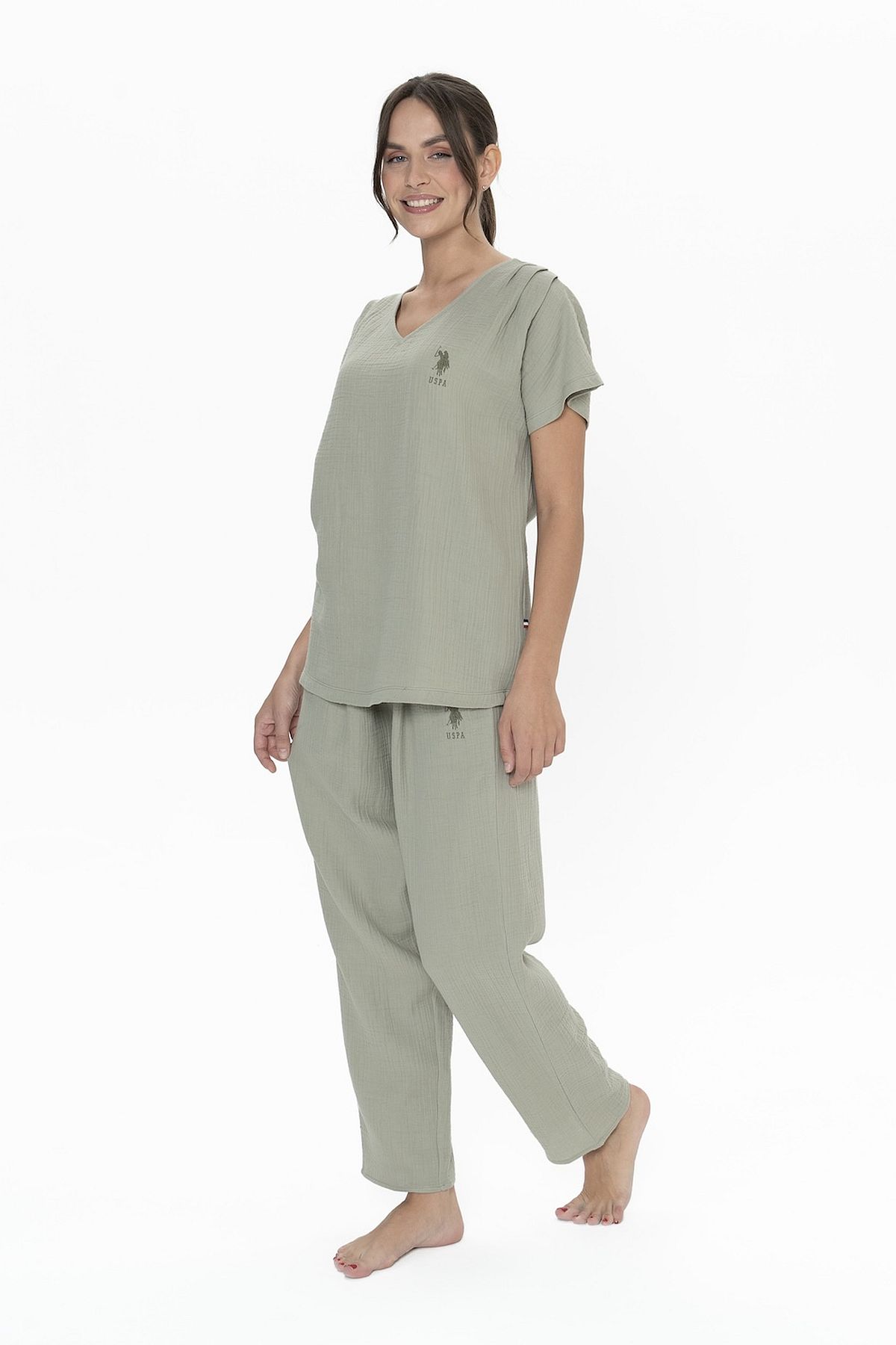 U.s Polo Assn. 20015 Kadın Muslin Kumaş Kısa Kollu V Yaka Pijama Takım-Haki