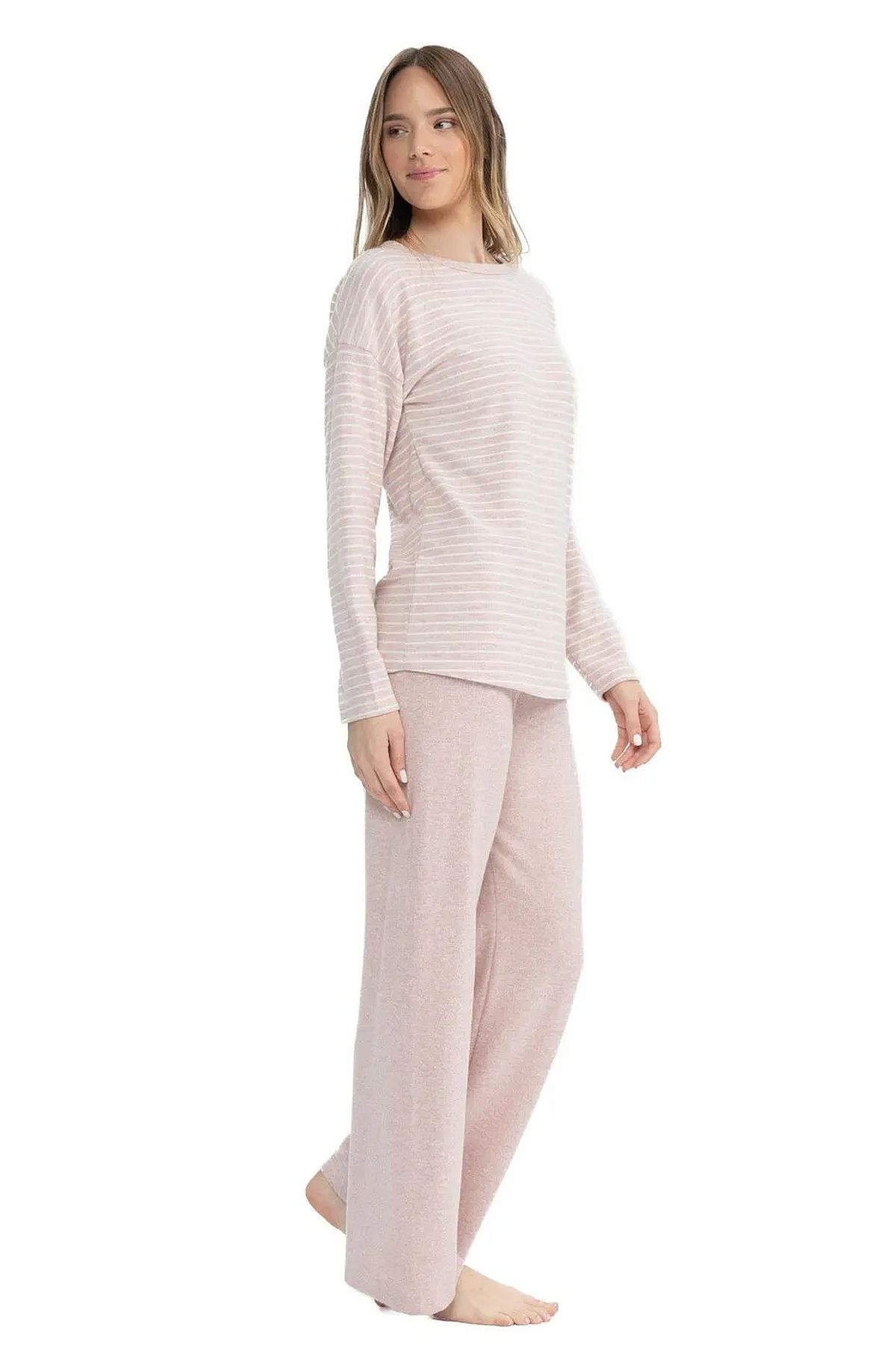 U.s Polo Assn. 17083 Kadın Yumoş Kumaş Uzun Kollu Yuvarlak Yaka Pijama Takımı-Pembemelanj