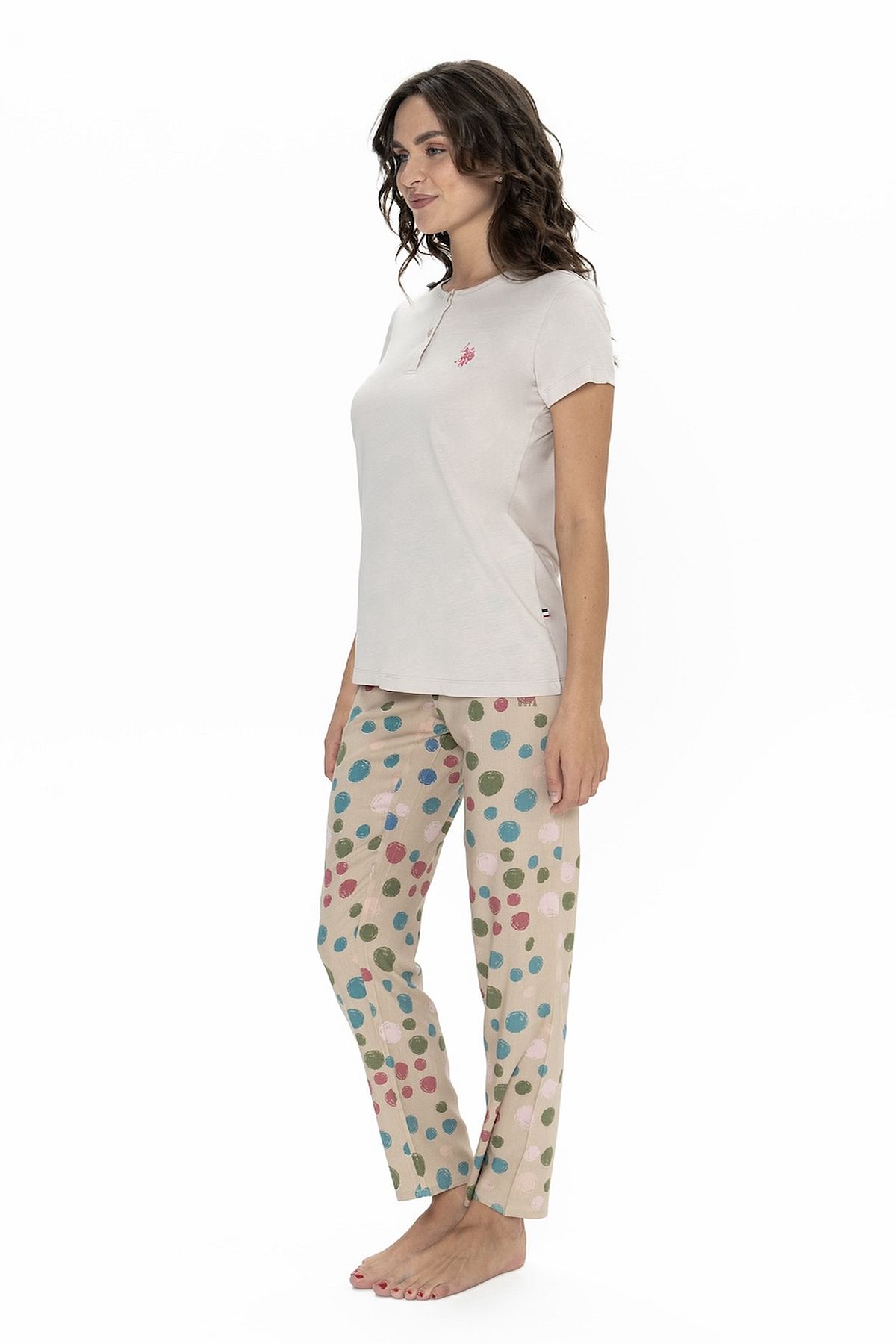 U.s Polo Assn. 20094 Kadın Kısa Kollu Yakası Yarım Düğmeli Pijama Takımı-Bej