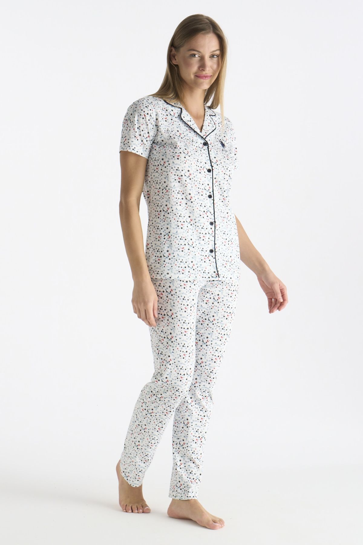 U.s Polo Assn. 20237 Kadın Kısa Kollu Önden Düğmeli Pijama Takımı-Ekru