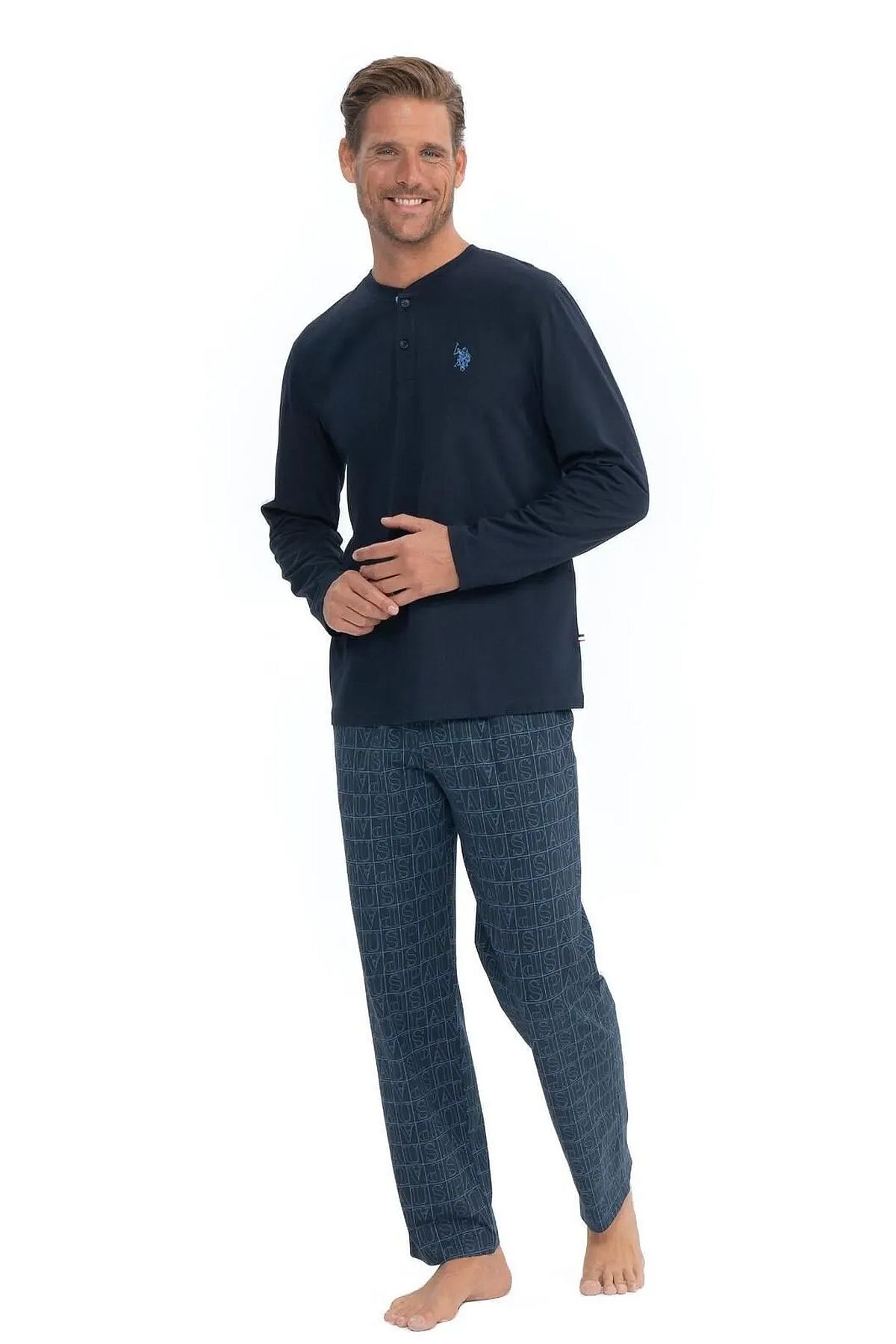 U.s Polo Assn. 18853 Erkek Uzun Kollu Yakası Düğmeli Pijama Takım-Lacivert