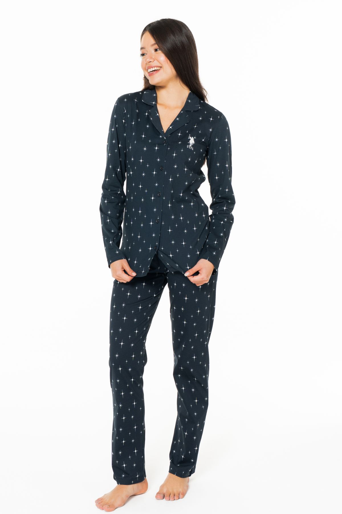 U.s Polo Assn. 20173 Kadın Uzun Kollu Gömlek Pijama Takım-Lacivert