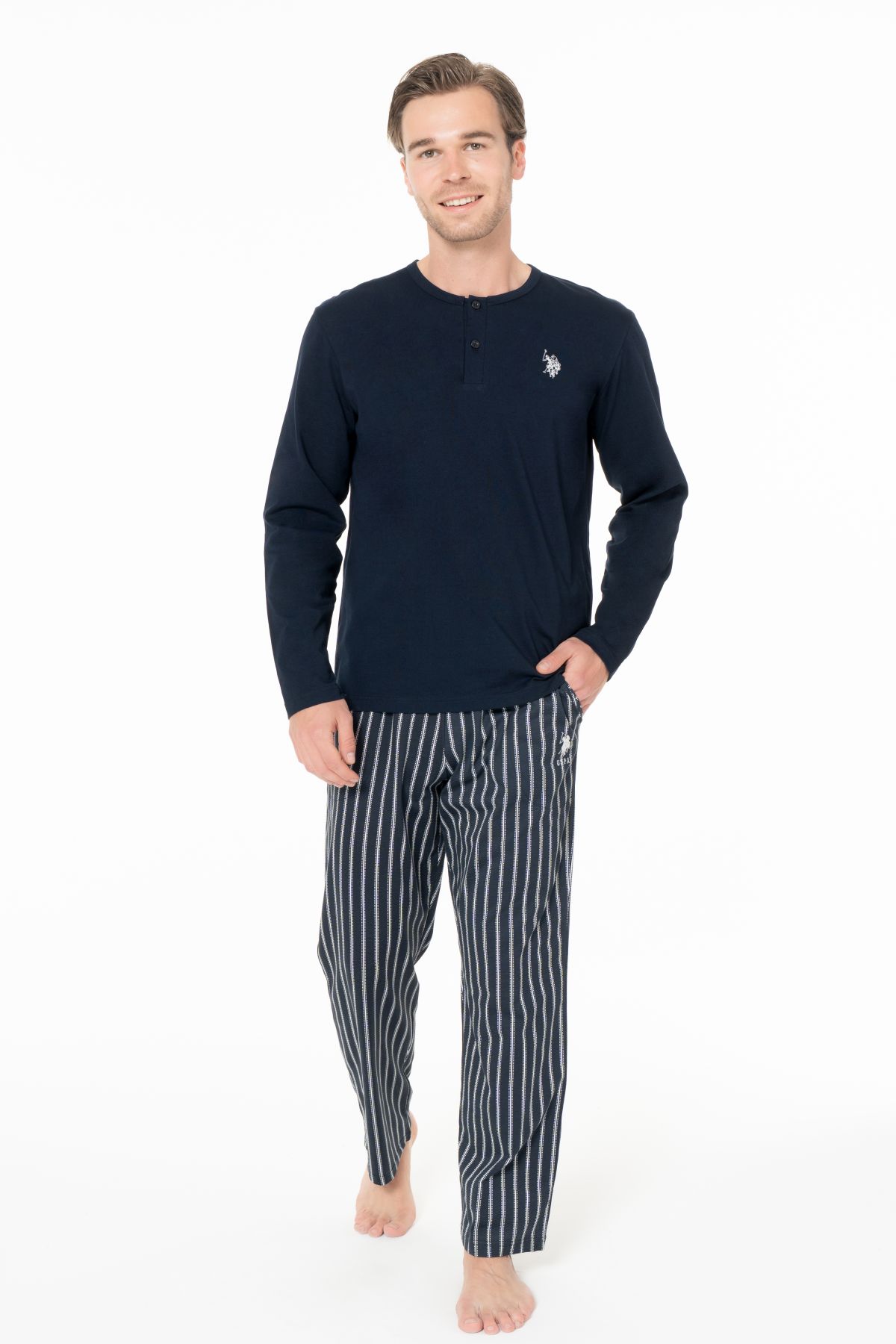 U.s Polo Assn. 18994 Erkek Uzun Kollu Yakası Düğmeli Pijama Takımı-Lacivert