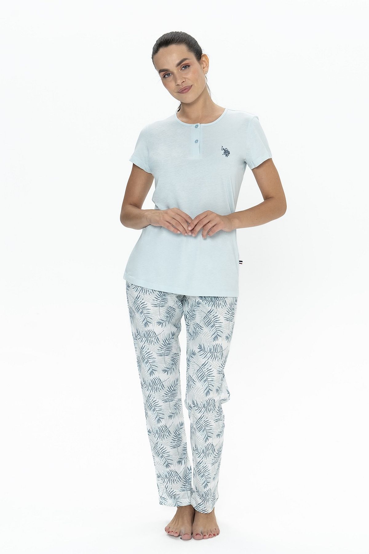 U.s Polo Assn. 20088B Kadın Büyük Beden Kısa Kollu Yakası Yarım Düğmeli Pijama Takımı-Mavi