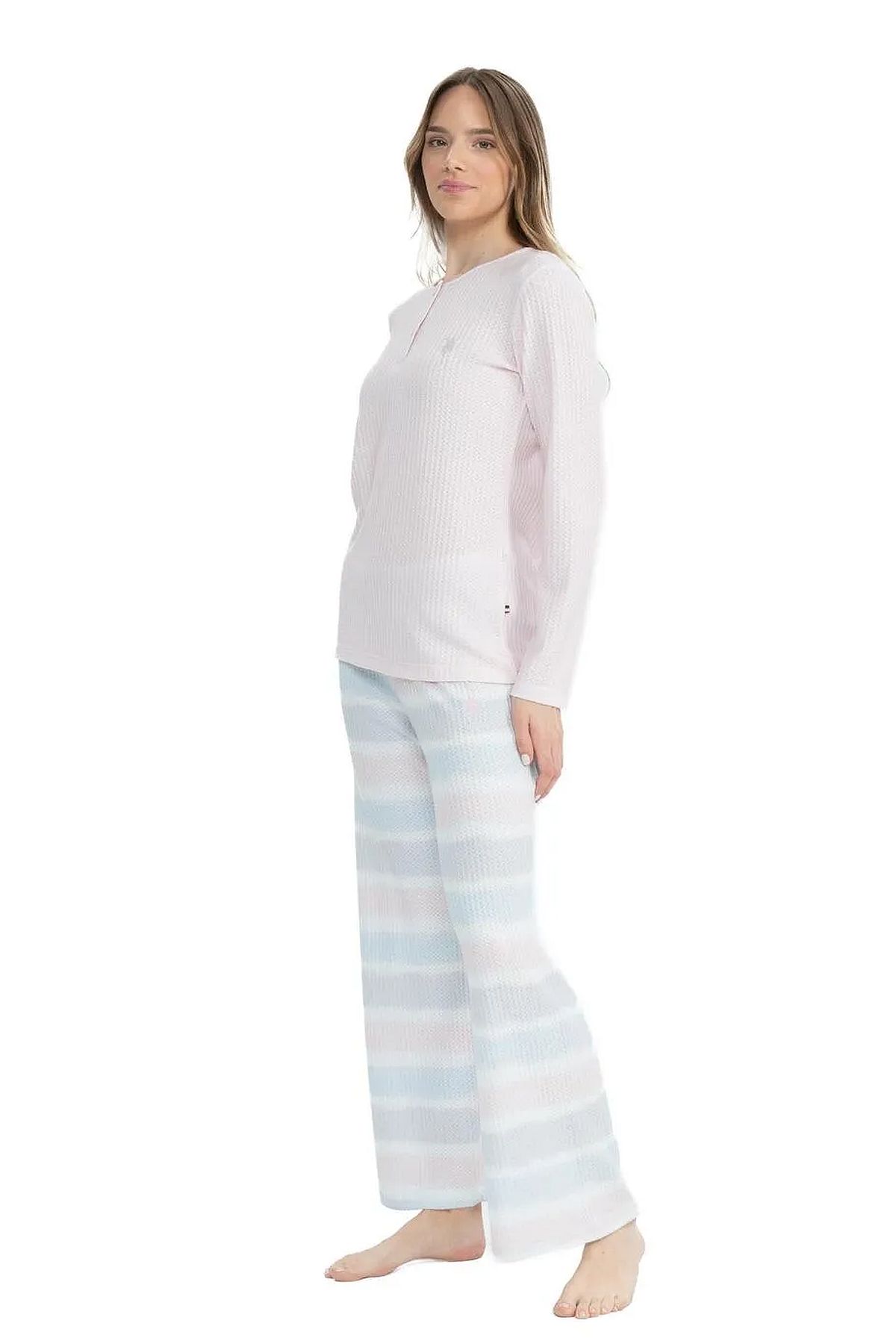 U.s Polo Assn. 17096 Kadın Delikli Polar Waffle Kumaş  Uzun Kollu Geniş Paça Pijama Takım-Pembe