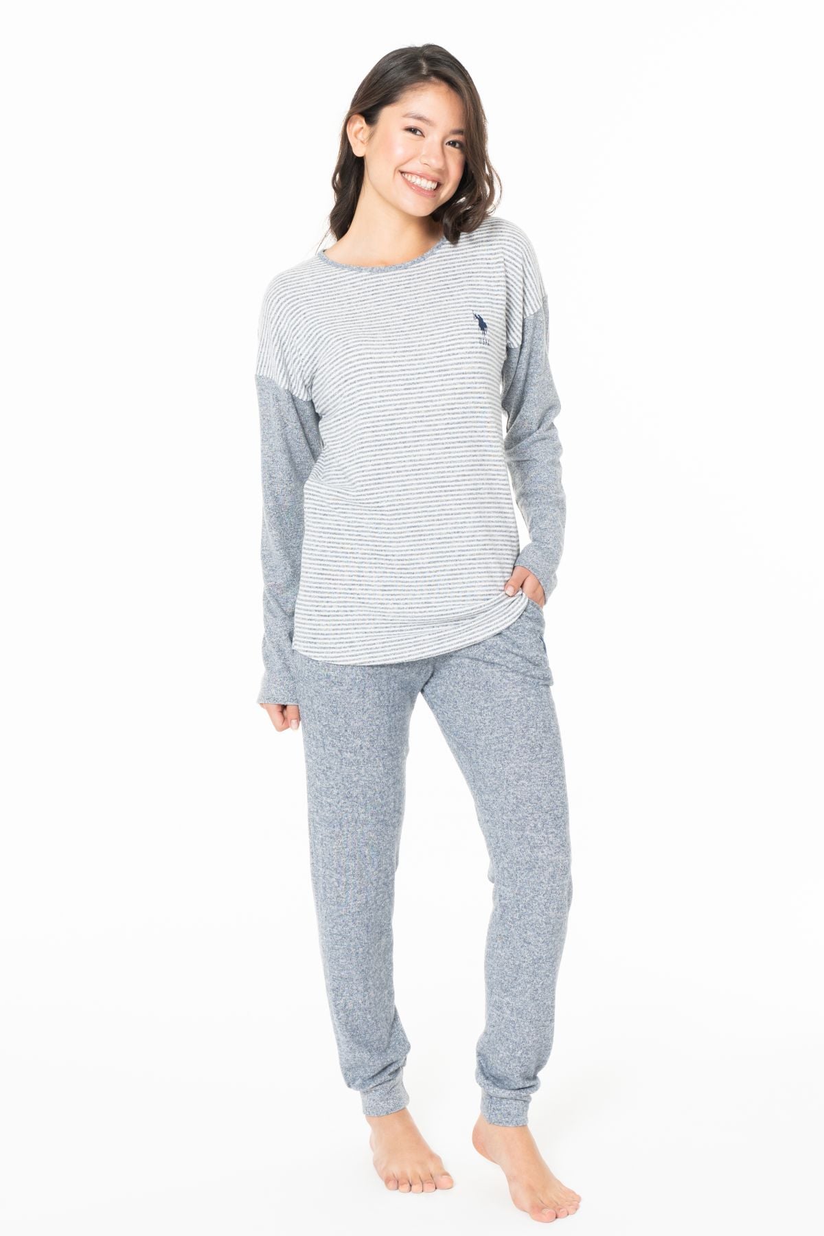 U.s Polo Assn. 20129 Kadın Uzun Kollu Bisiklet Yaka Paçası Bantlı Pijama Takım-Lacivertmelanj