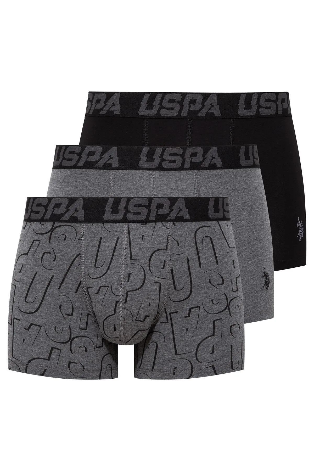 U.s Polo Assn. 80496 Erkek Pamuklu 3lü Boxer-Siyah&Antrasit&Baskılı