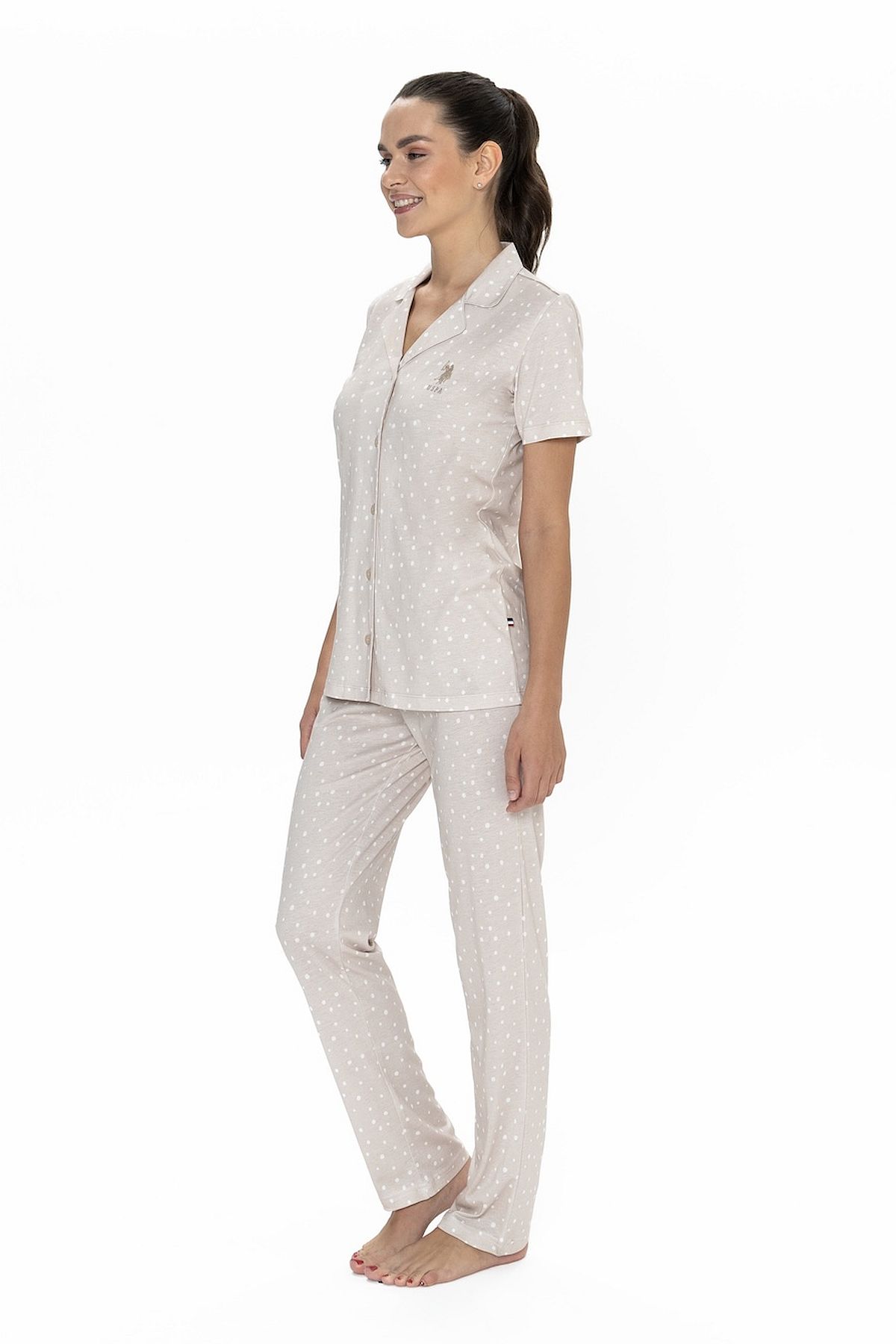 U.s Polo Assn. 20051 Kadın Kısa Kollu Gömlek Pijama Takım-Bej