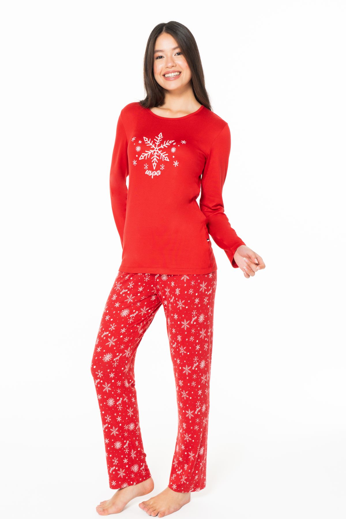 U.s Polo Assn. 20151 Kadın Uzun Kollu Bisiklet Yaka Pijama Takımı-Kırmızı
