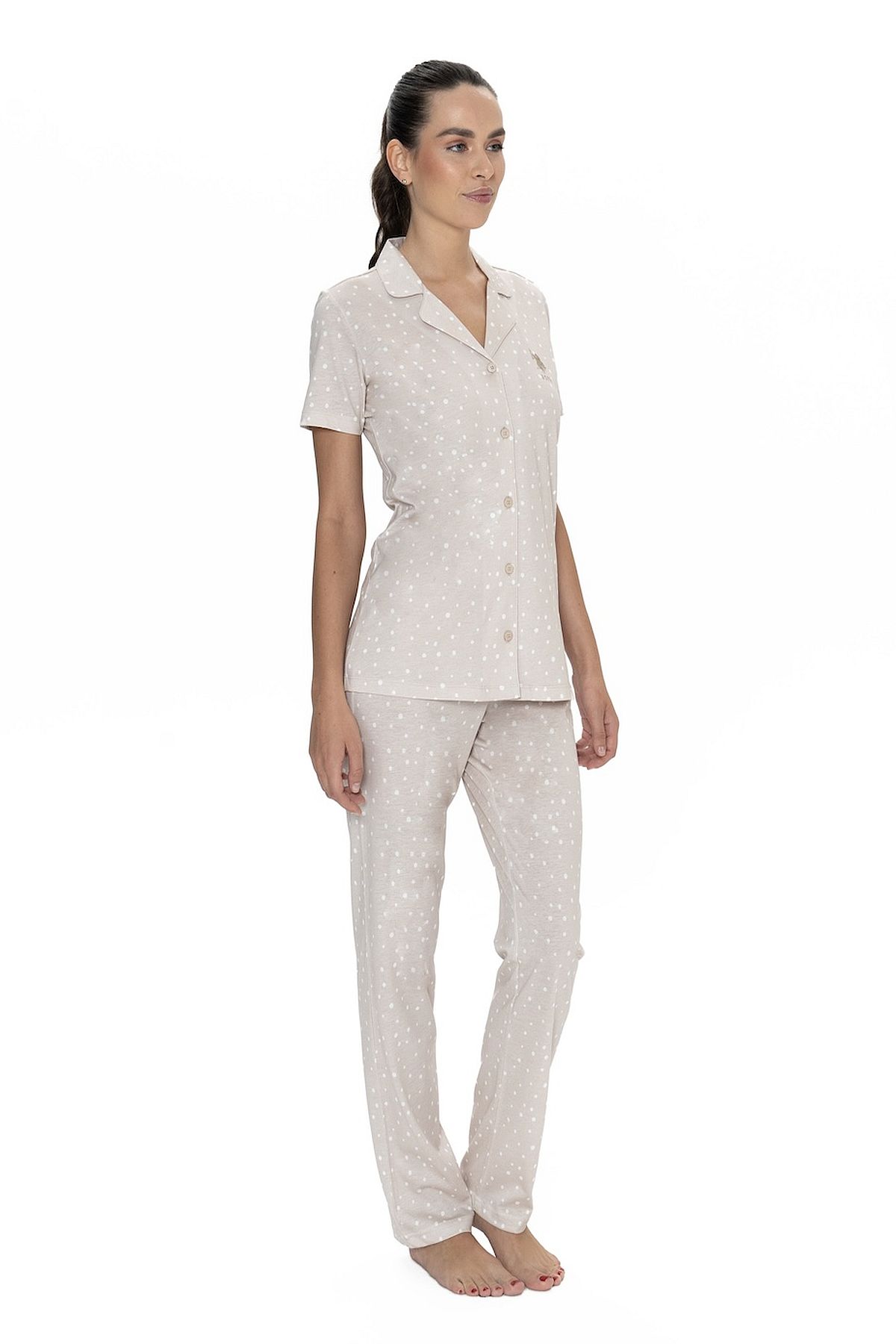 U.s Polo Assn. 20051 Kadın Kısa Kollu Gömlek Pijama Takım-Bej