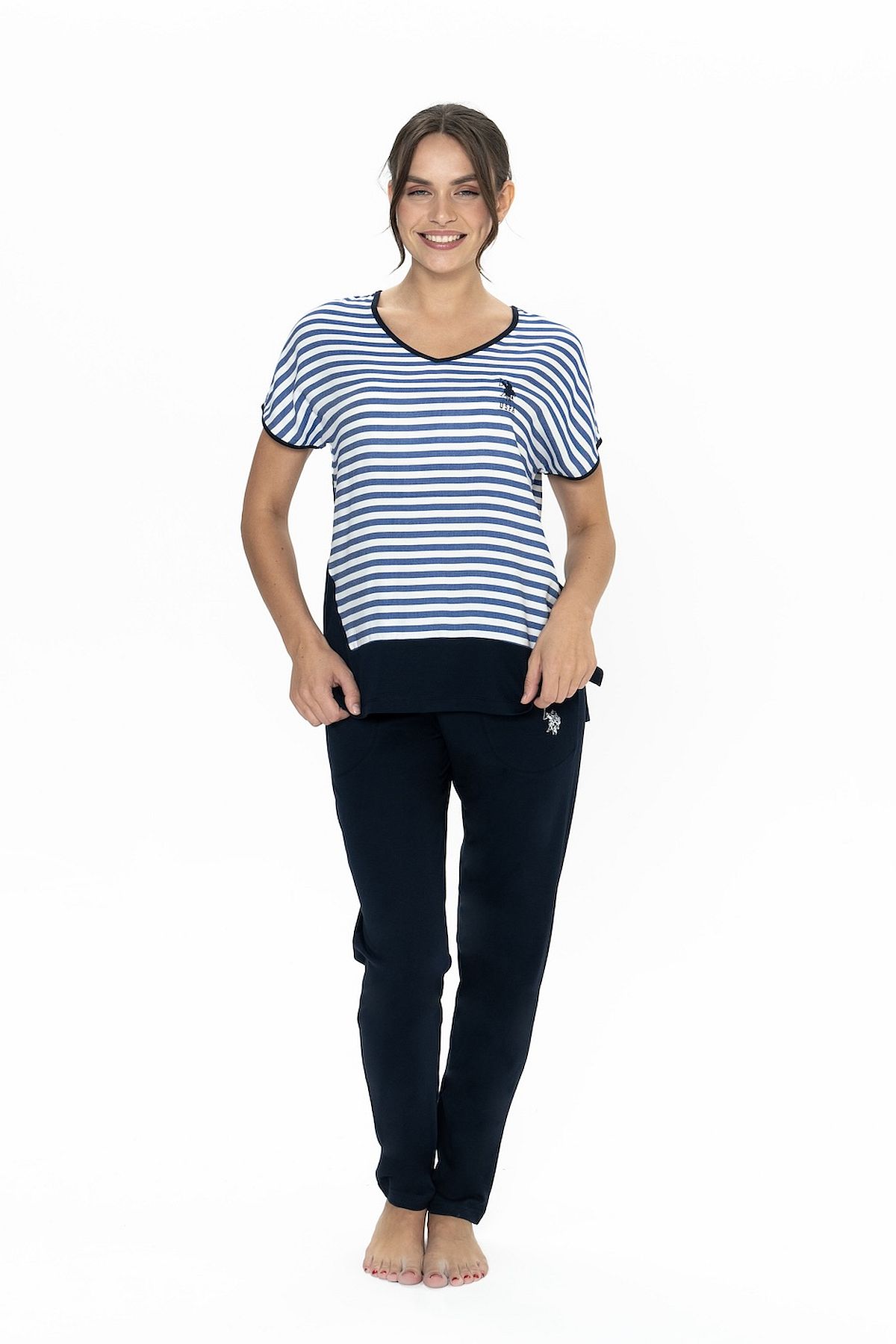 U.s Polo Assn. 20033 Kadın Kısa Kollu Bisiklet Yaka Şortlu Pijama Takımı-Lacivert
