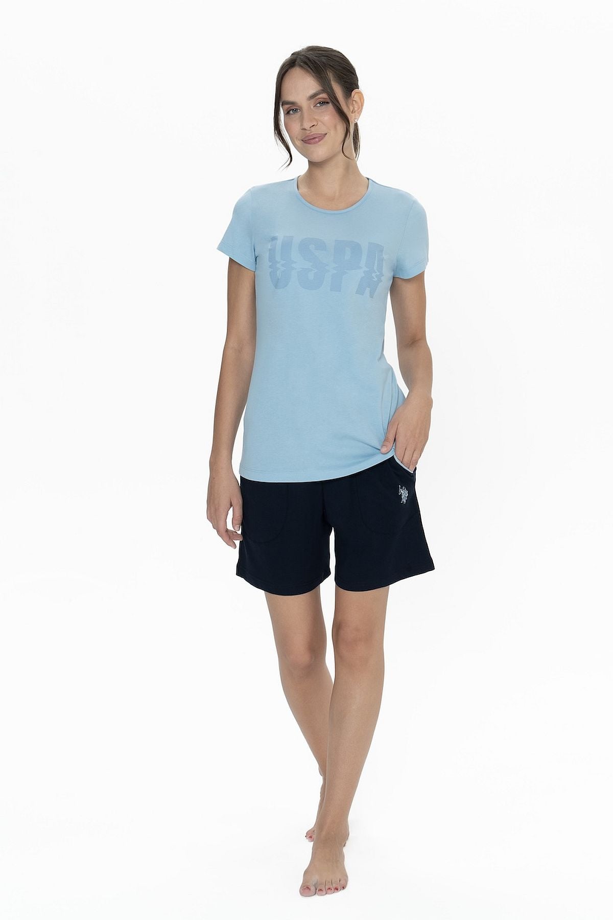 U.s Polo Assn. 20011 Kadın Kısa Kollu Bisiklet Yaka Şortlu Pijama Takımı-Mavi