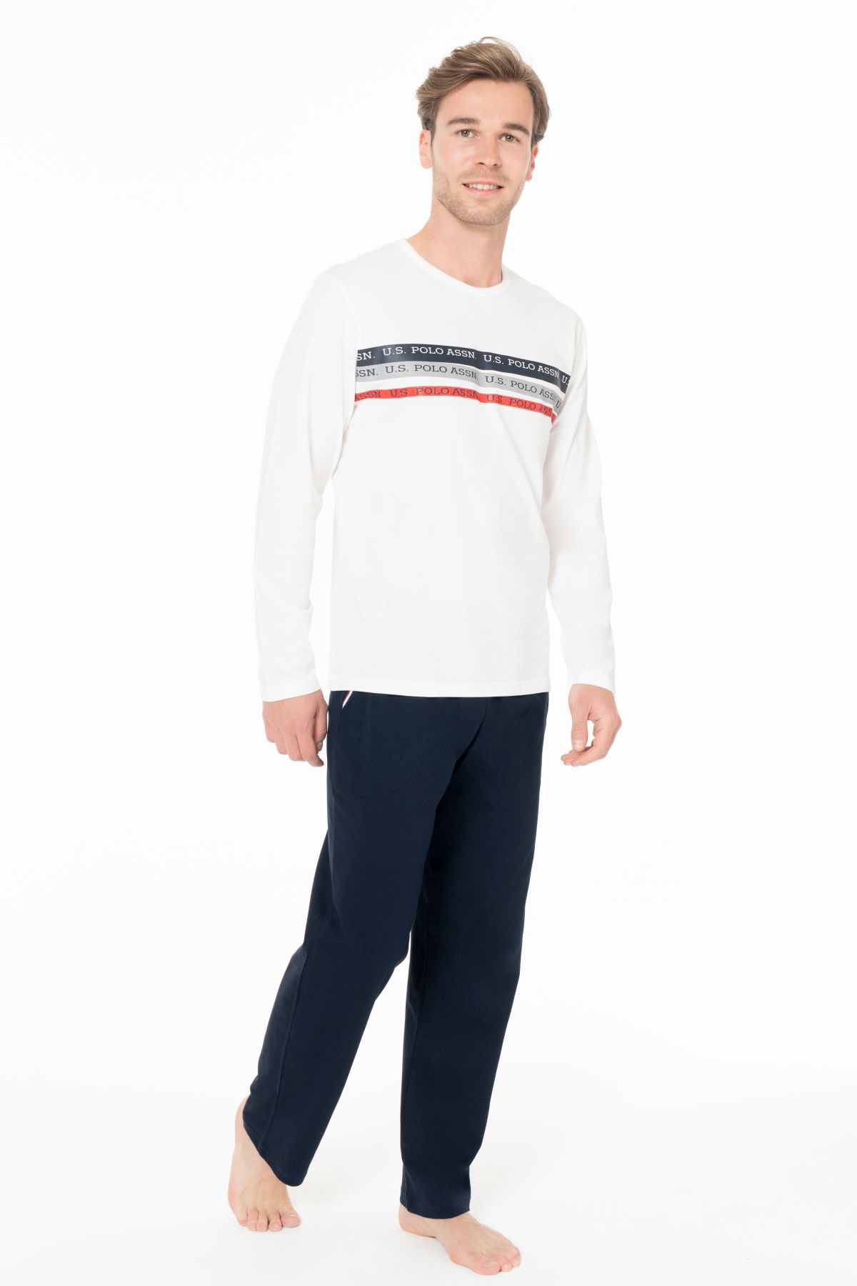 U.s Polo Assn. 18947 Erkek Uzun Kollu Bisiklet Yaka Pijama Takımı-Ekru