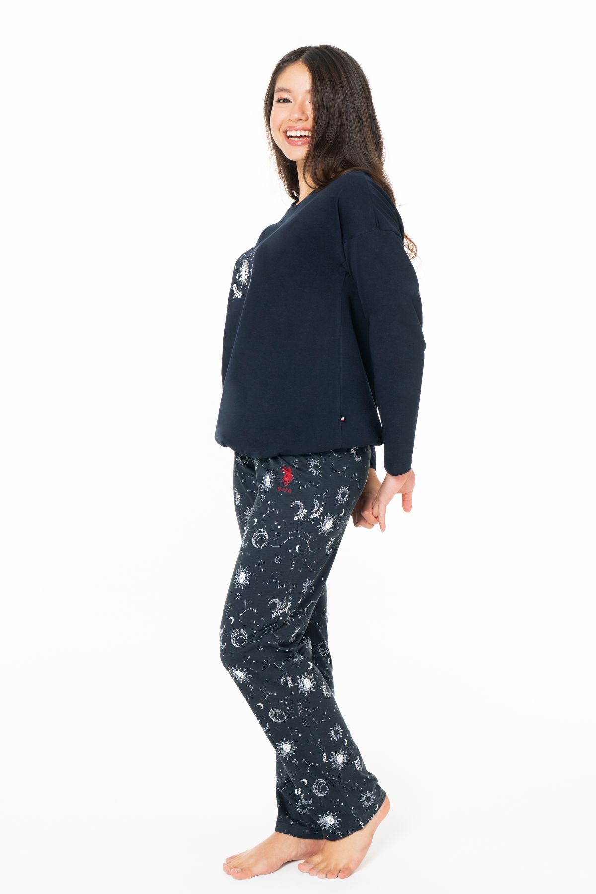 U.s Polo Assn. 20155 Kadın Uzun Kollu Bisiklet Yaka Pijama Takımı-Lacivert