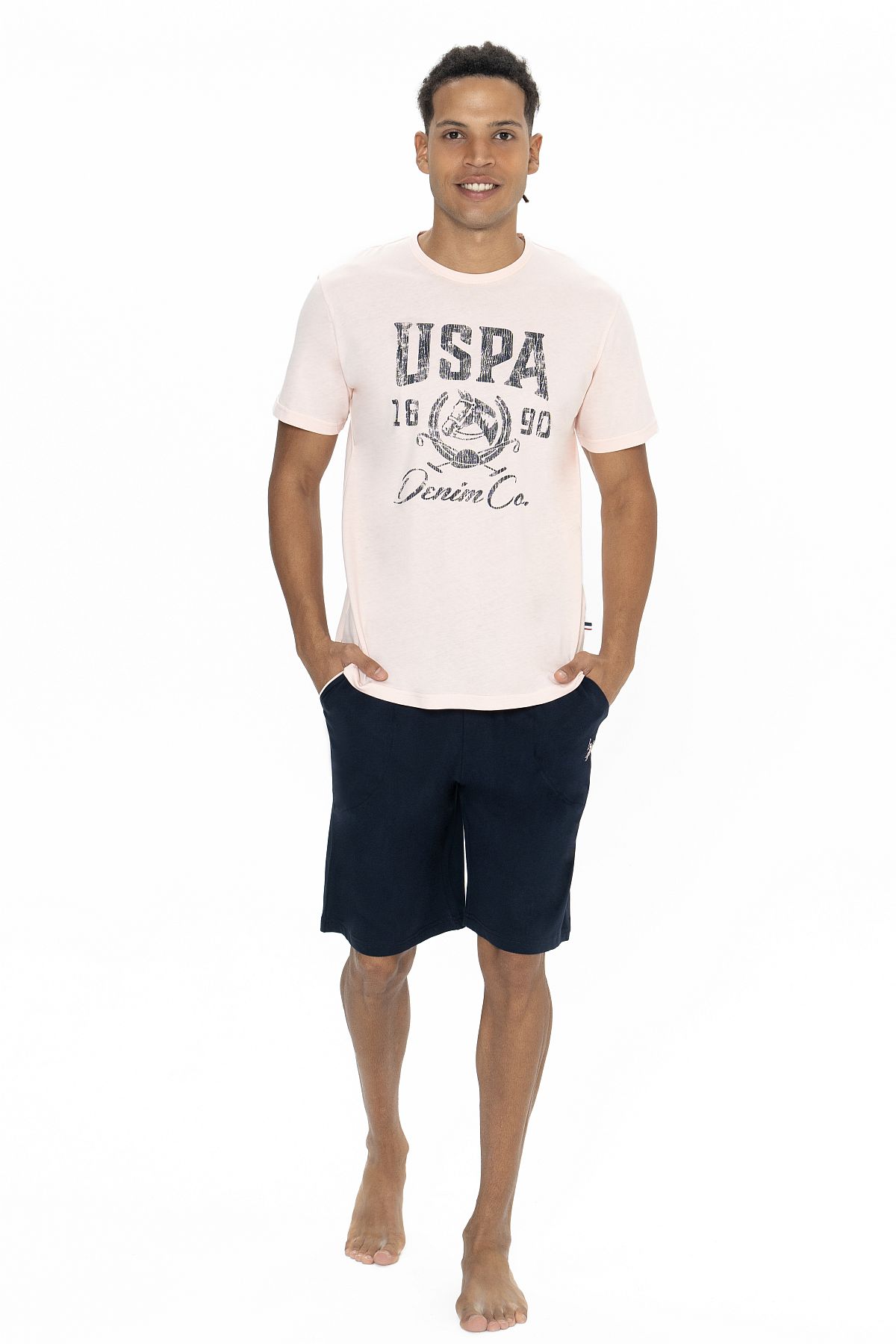 U.s Polo Assn. 18877 Erkek Kısa Kollu Bisiklet Yaka Şortlu Pijama Takımı-Pembe
