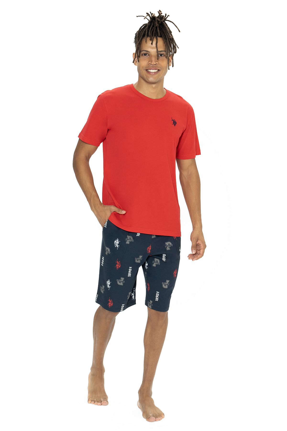 U.s Polo Assn. 18867 Erkek Kısa Kollu Bisiklet Yaka Şortlu Pijama Takımı-Kırmızı