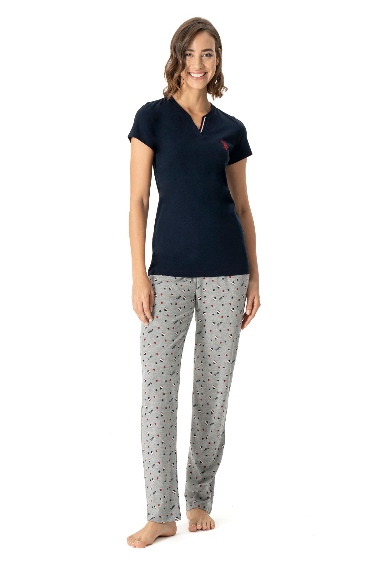 U.s Polo Assn. 17004 Kadın Kısa Kollu V Yaka Pijama Takımı-Lacivert
