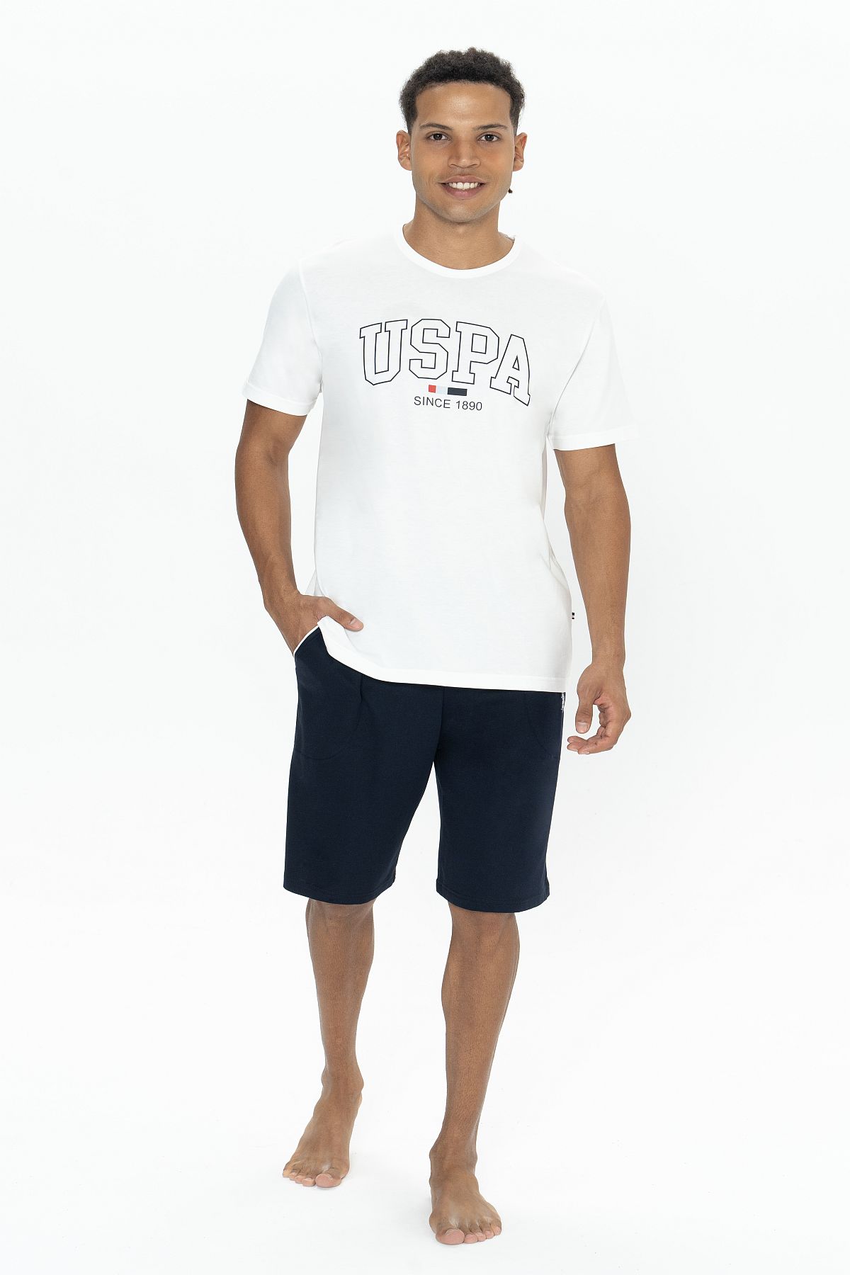 U.s Polo Assn. 18873 Erkek Kısa Kollu Bisiklet Yaka Şortlu Pijama Takımı-Ekru