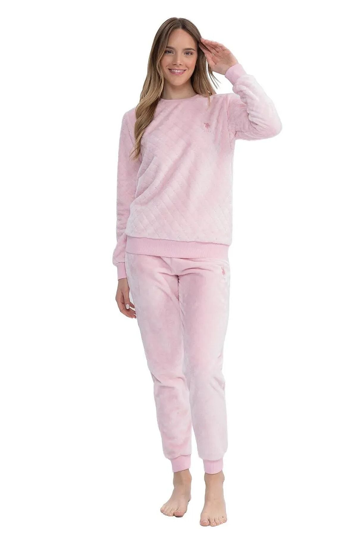 U.s Polo Assn. 17080 Kadın Uzun Kollu Welsoft Paçası Lastikli Pijama Takım-Pembe