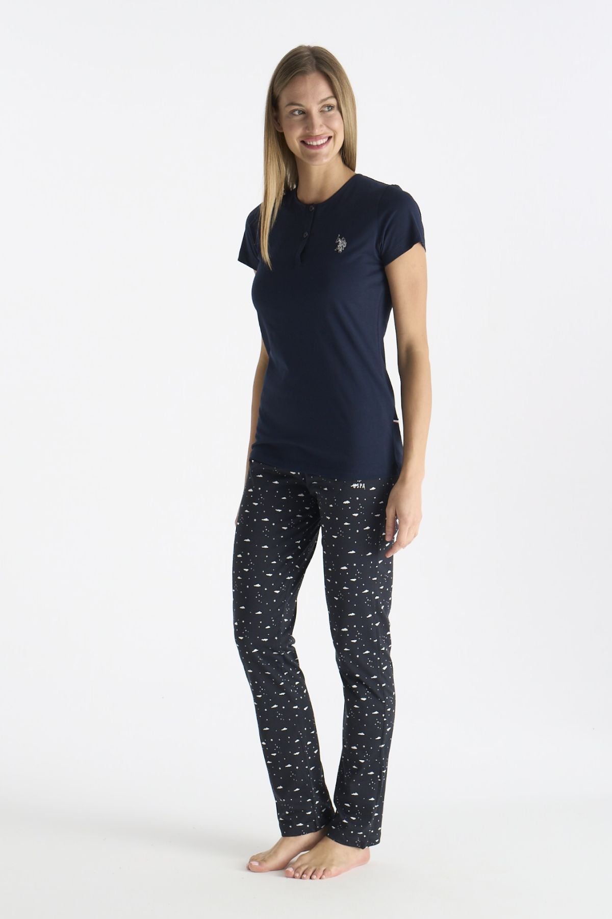 U.s Polo Assn. 20231 Kadın Kısa Kollu Yakası Düğmeli Pijama Takımı-Lacivert