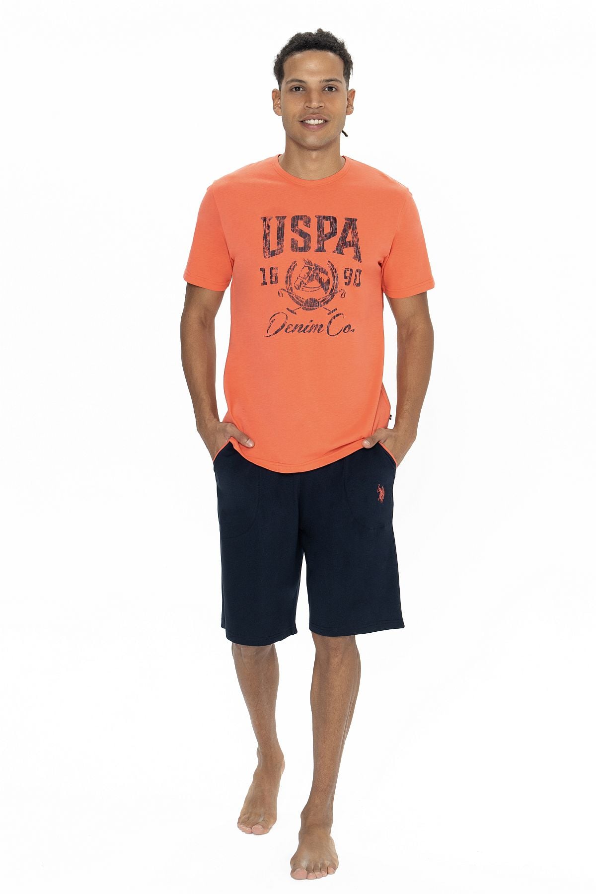 U.s Polo Assn. 18877 Erkek Kısa Kollu Bisiklet Yaka Şortlu Pijama Takımı-Mercan