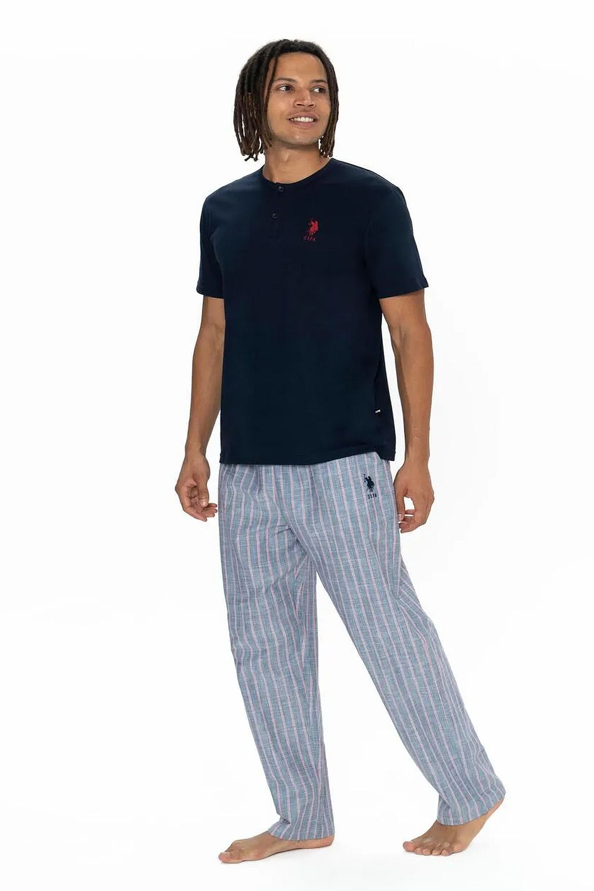 U.s Polo Assn. 18915 Erkek Kısa Kollu Yakası Düğmeli Pijama Takımı-Lacivert