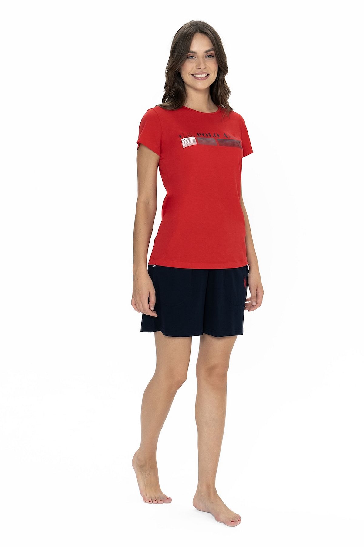 U.s Polo Assn. 20004 Kadın Kısa Kollu Bisiklet Yaka Şortlu Pijama Takımı-Kırmızı