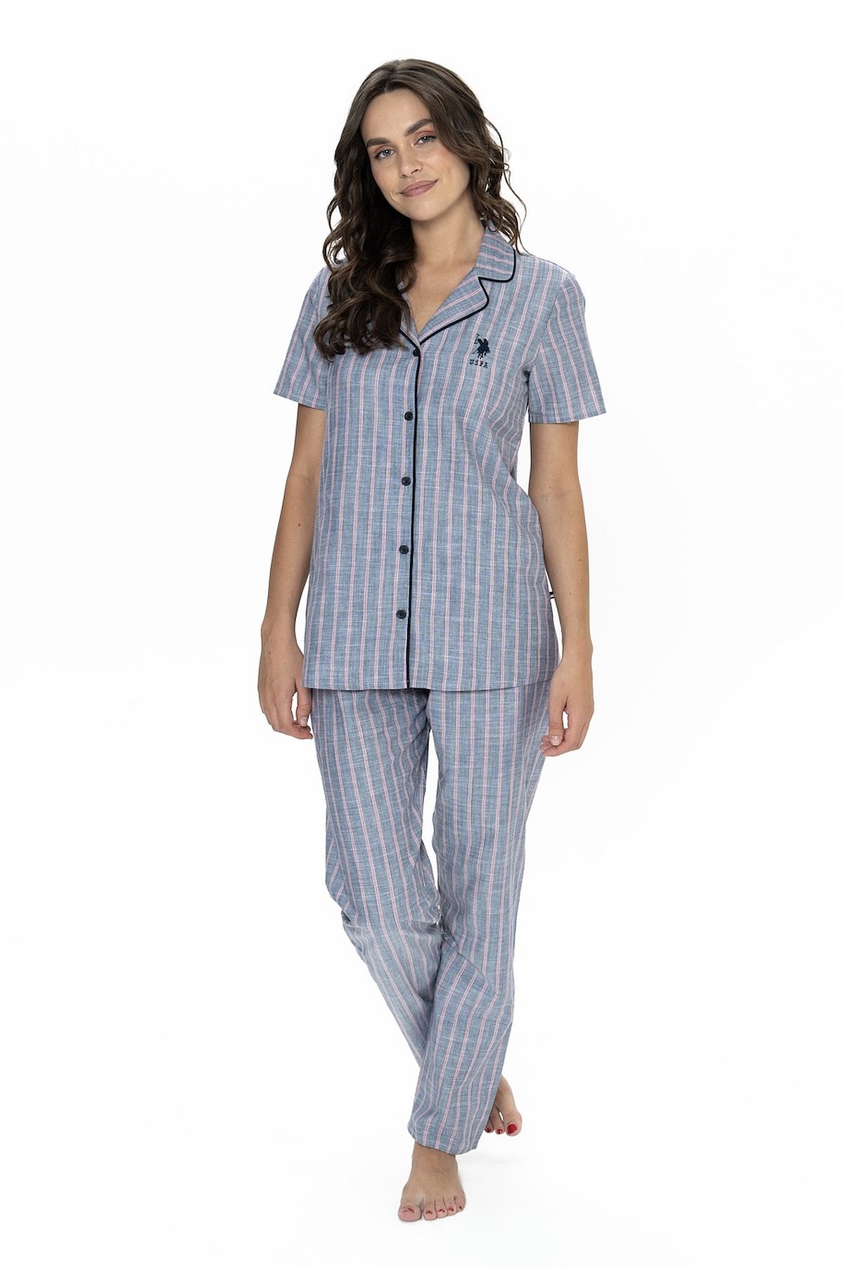 U.s Polo Assn. 20090 Kadın Kısa Kollu Gömlek Pijama Takım-Lacivert