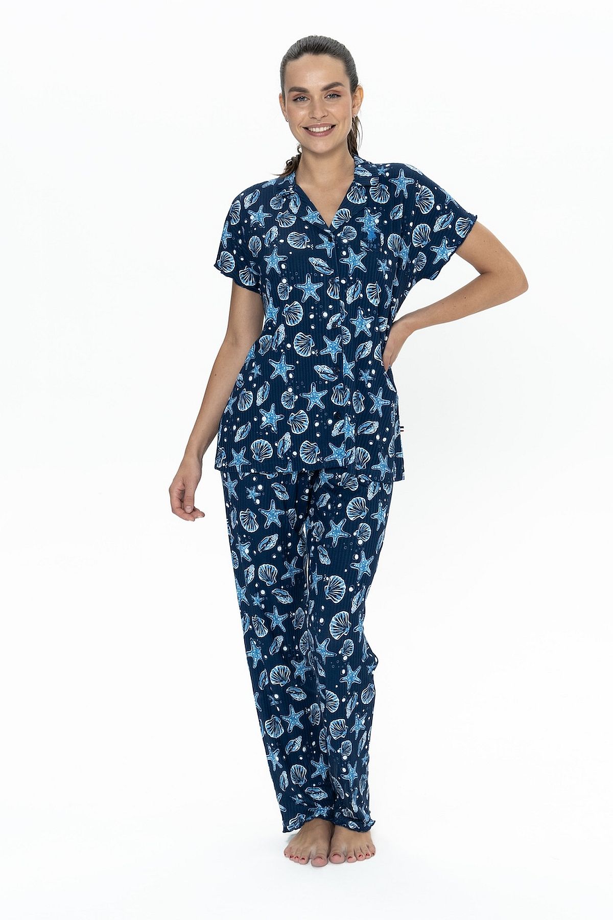 U.s Polo Assn. 20084 Kadın Kısa Kollu Gömlek Pijama Takım-Lacivert