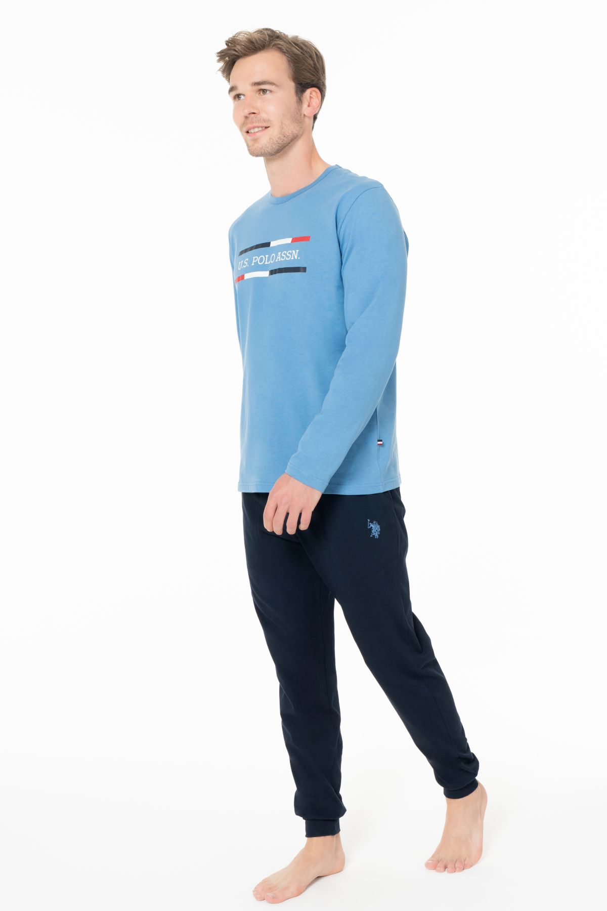 U.s Polo Assn. 18951 Erkek Uzun Kollu Bisiklet Yaka Paçası Bantlı Pijama Takımı-Mavi