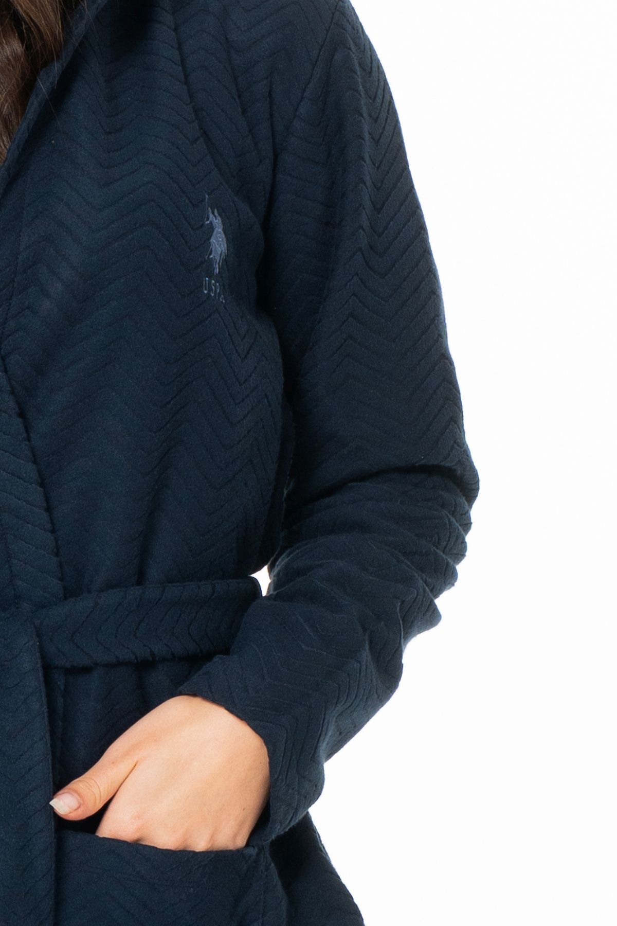 U.s Polo Assn. 20127 Kadın İnce Polar Uzun Kollu Kapişonlu Sabahlık-Lacivert