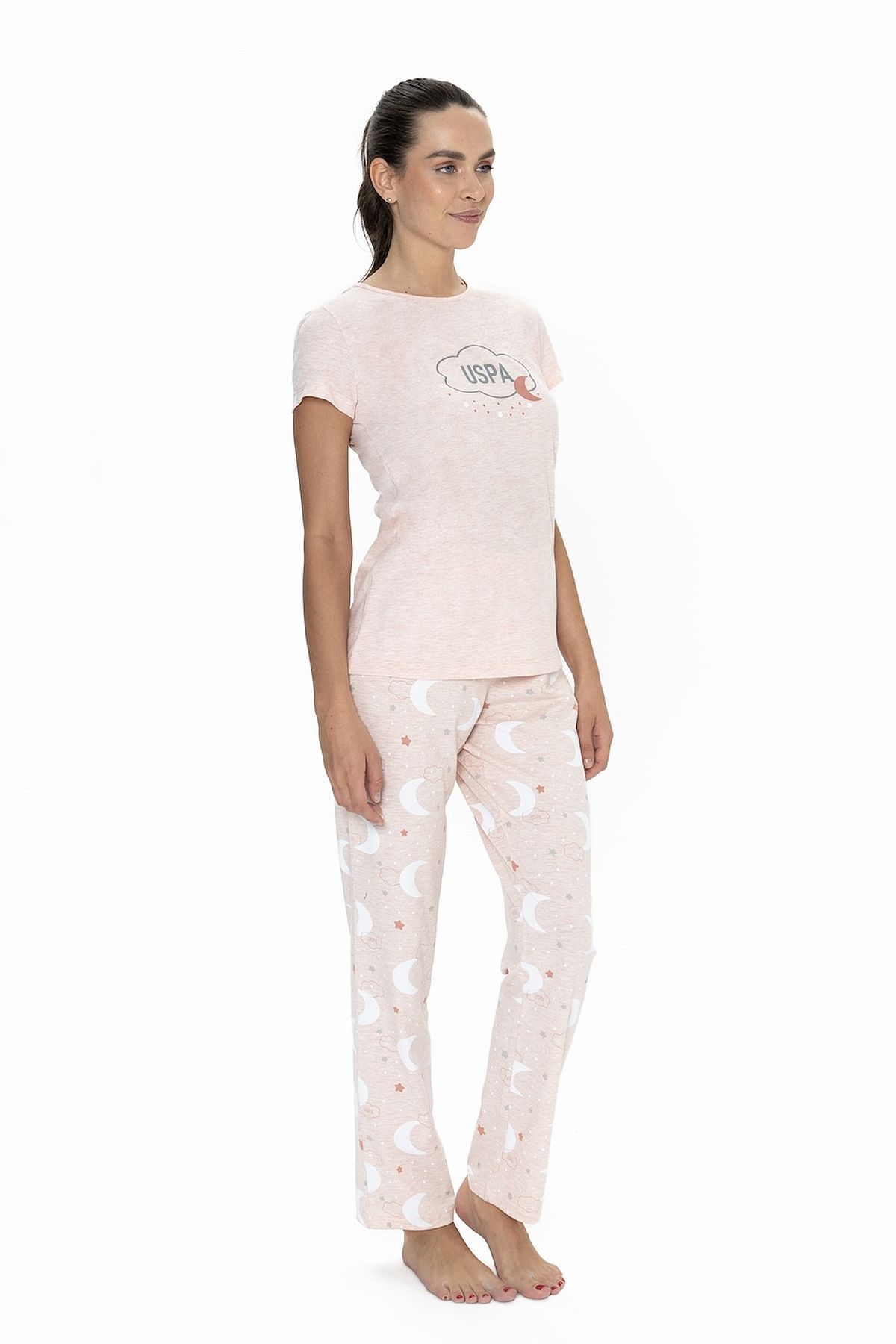 U.s Polo Assn. 20075 Kadın Kısa Kollu Bisiklet Yaka Pijama Takımı-Pembemelanj