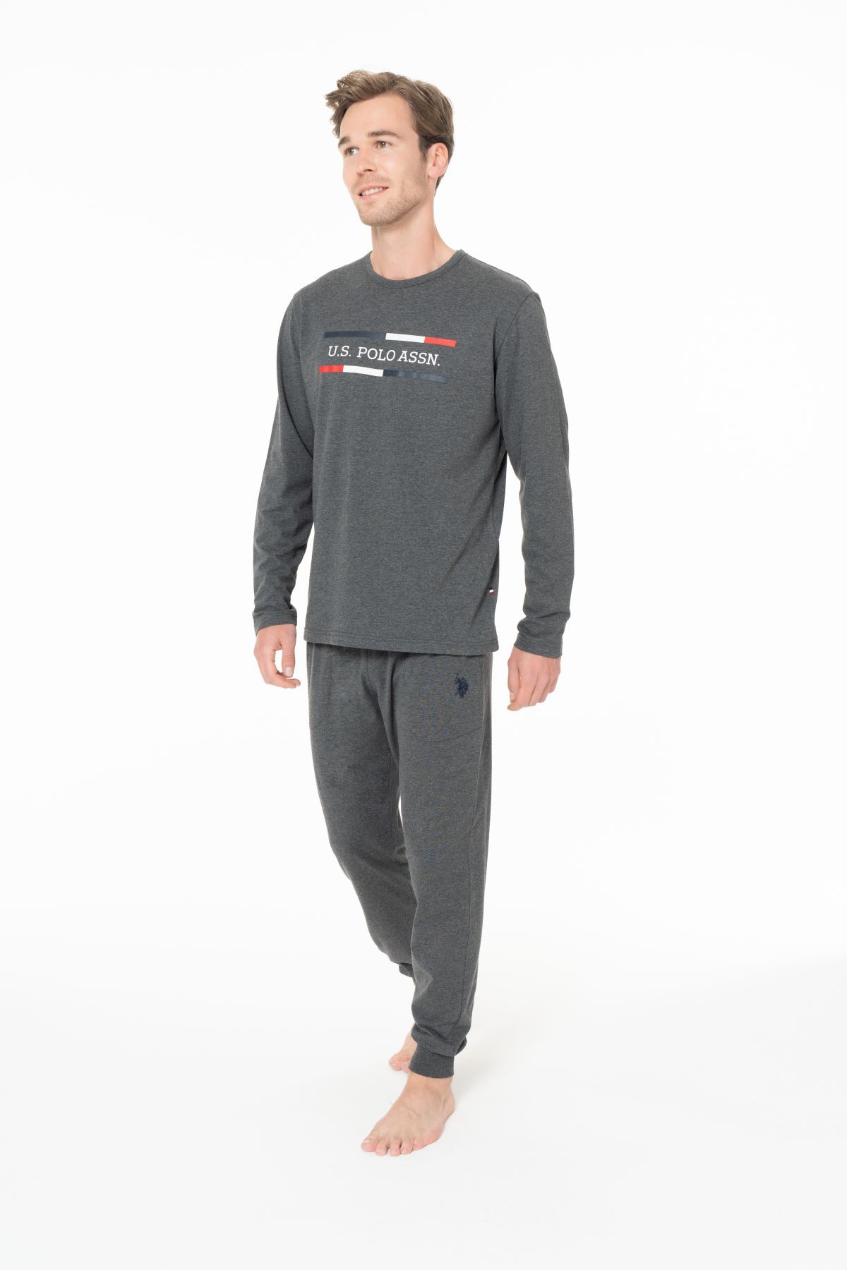 U.s Polo Assn. 18951 Erkek Uzun Kollu Bisiklet Yaka Paçası Bantlı Pijama Takımı-Antrasitmelanj