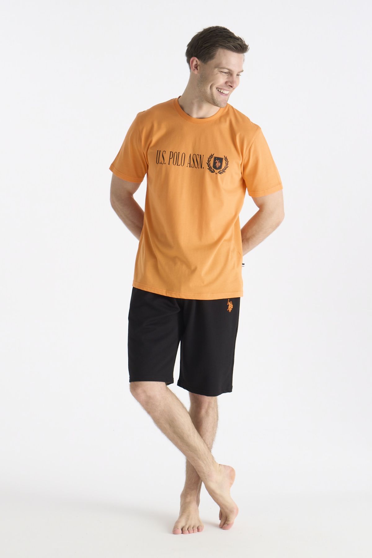 U.s Polo Assn. 19017 Erkek Kısa Kollu Bisiklet Yaka Şortlu Pijama Takımı-Turuncu