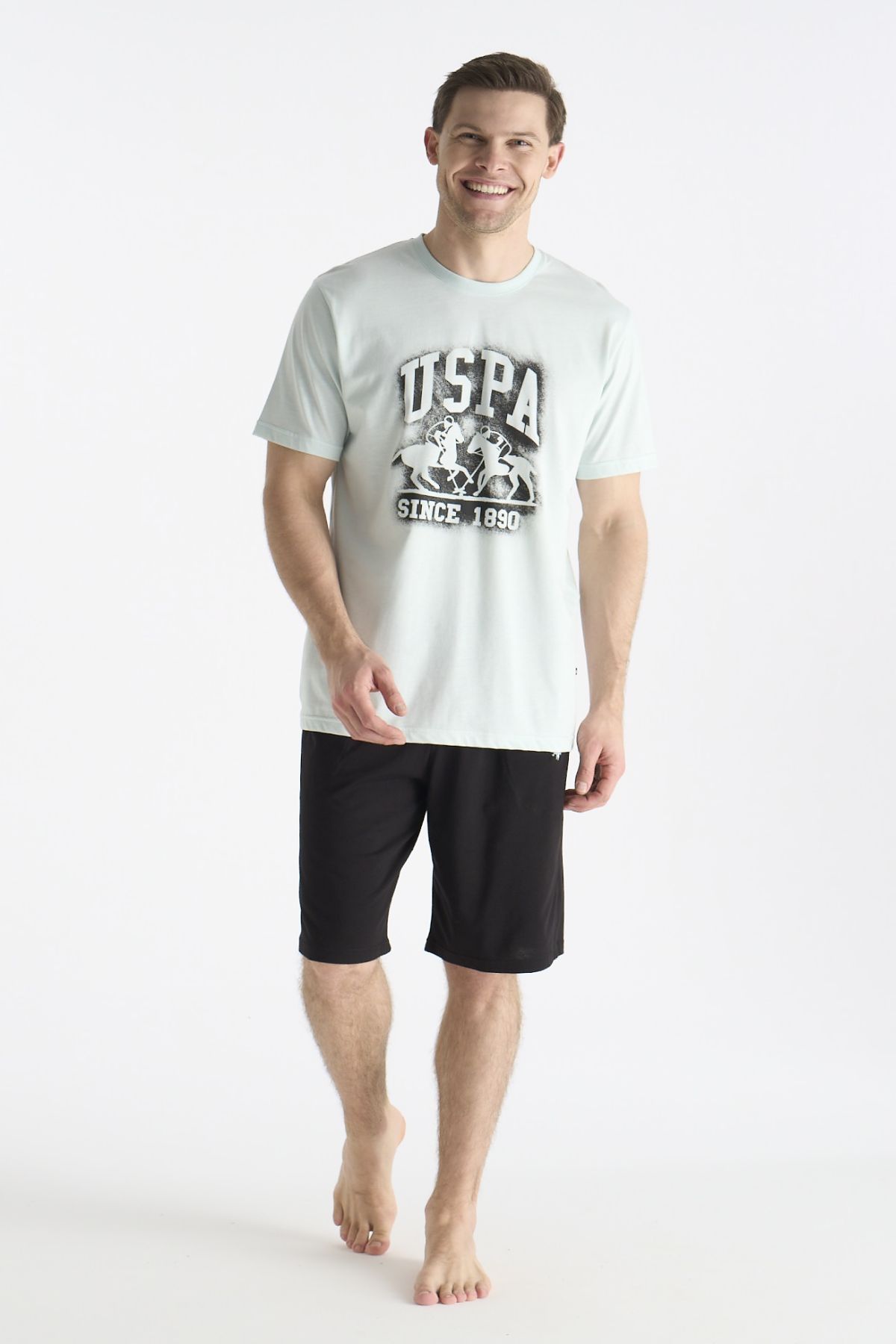 U.s Polo Assn. 19016 Erkek Kısa Kollu Bisiklet Yaka Şortlu Pijama Takımı-Yeşil