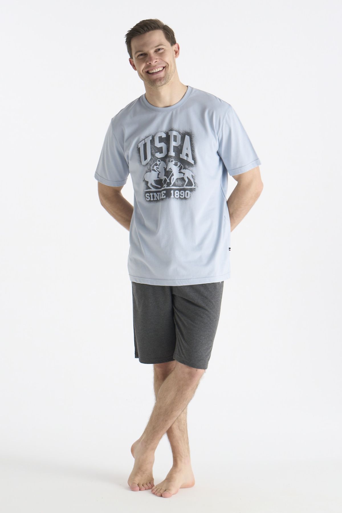 U.s Polo Assn. 19016 Erkek Kısa Kollu Bisiklet Yaka Şortlu Pijama Takımı-Mavi