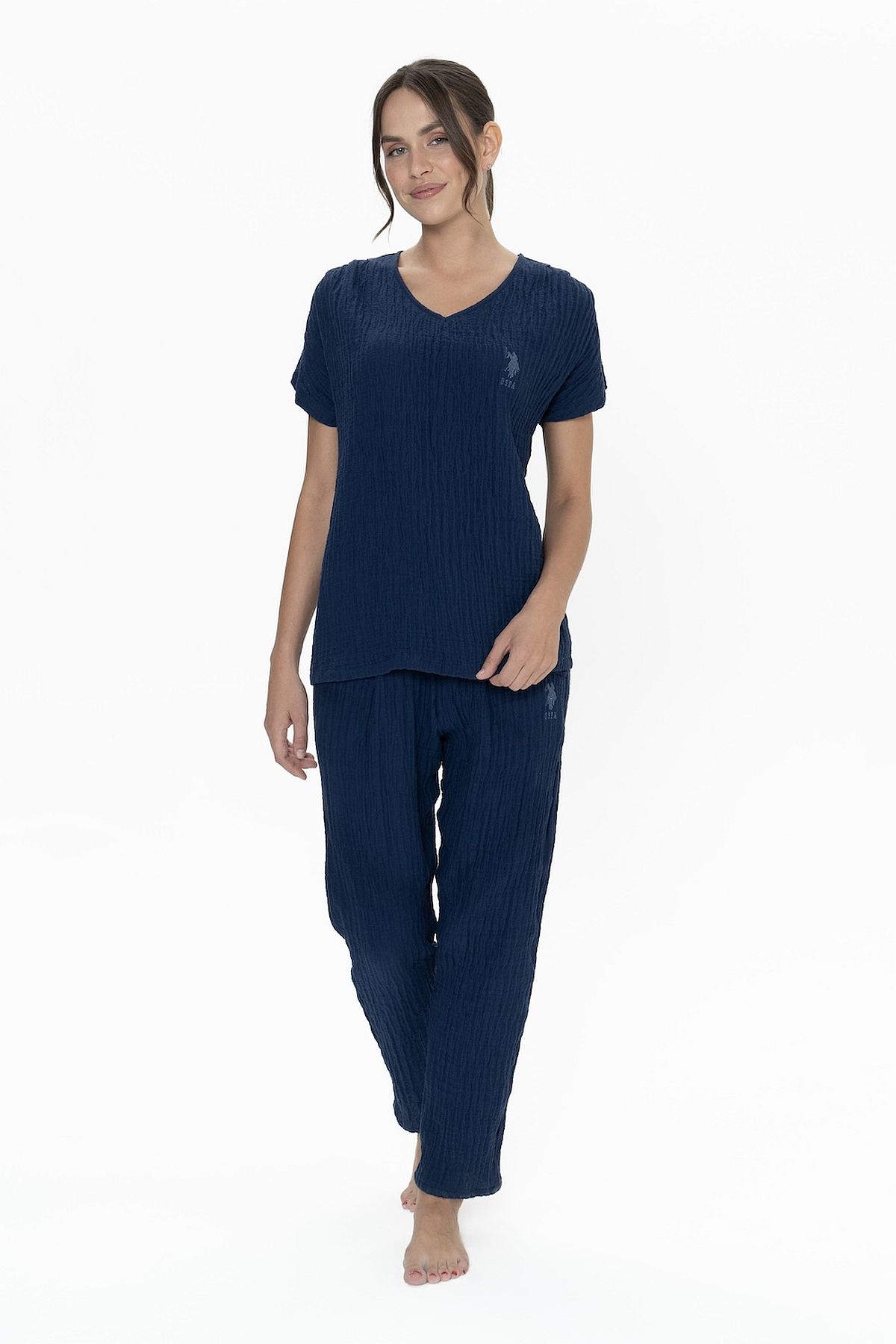 U.s Polo Assn. 20015 Kadın Muslin Kumaş Kısa Kollu V Yaka Pijama Takım-Lacivert