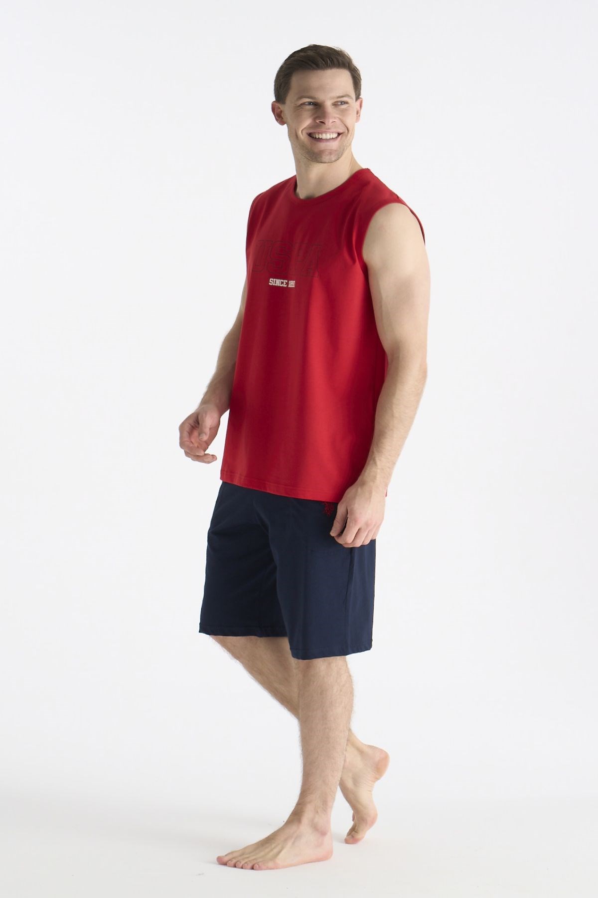 U.s Polo Assn. 19010 Erkek Sıfır Kollu Şortlu Pijama Takımı-Kırmızı