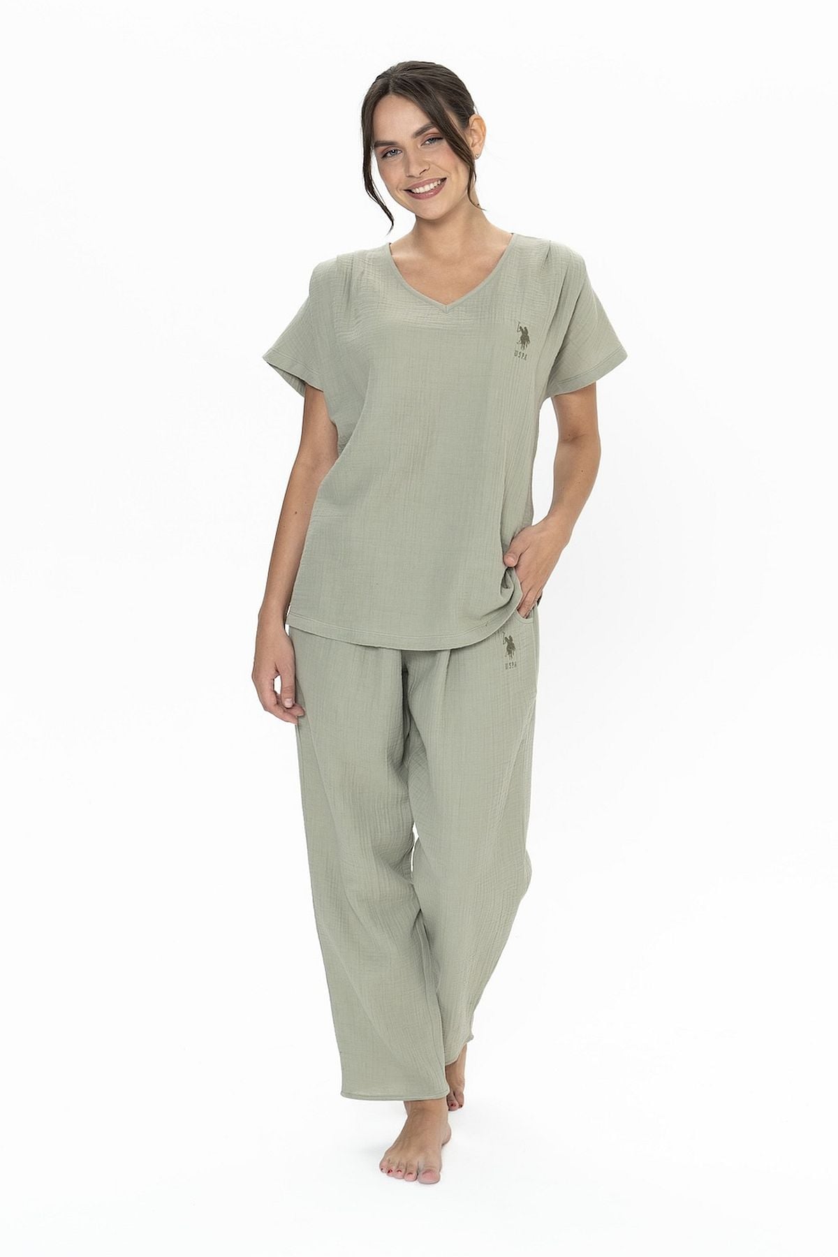 U.s Polo Assn. 20015 Kadın Muslin Kumaş Kısa Kollu V Yaka Pijama Takım-Haki