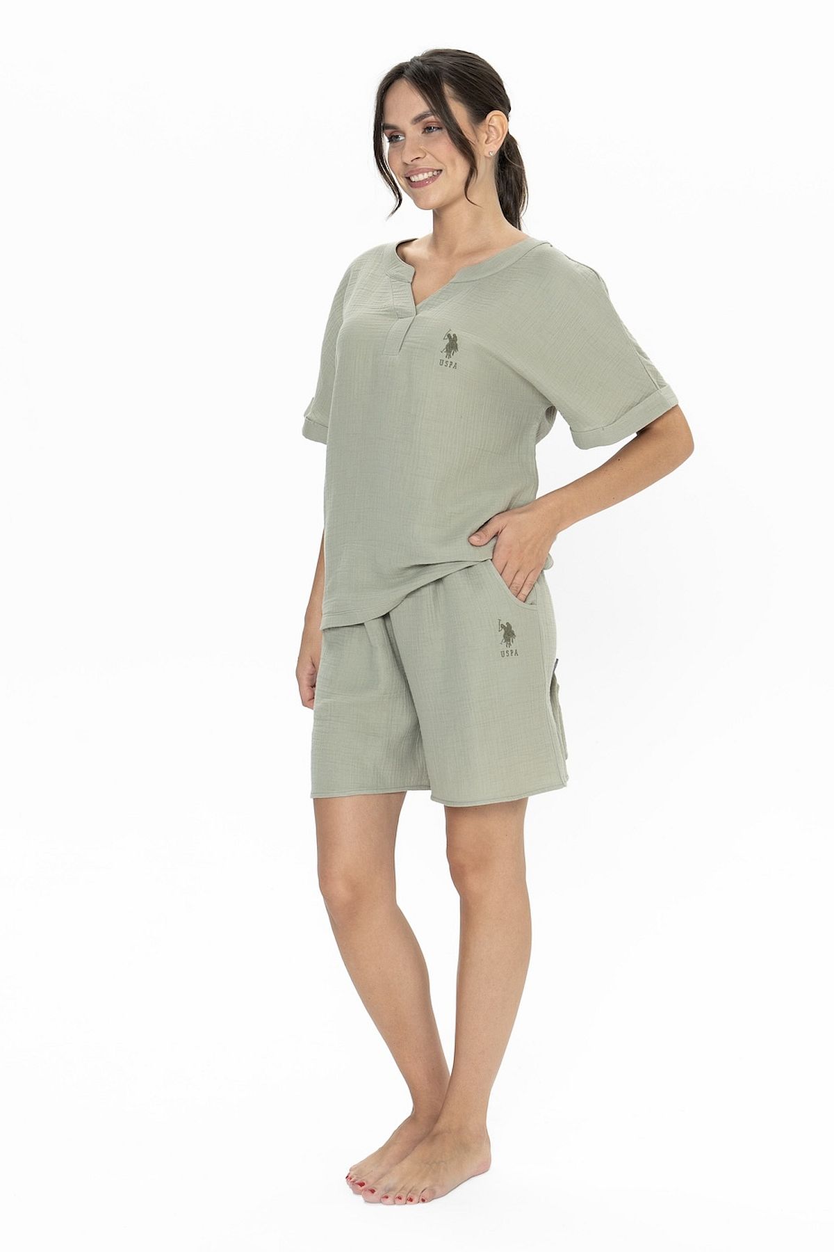 U.s Polo Assn. 20017 Kadın Muslin Kumaş Kısa Kollu V Yaka Şortlu Pijama Takımı-Haki