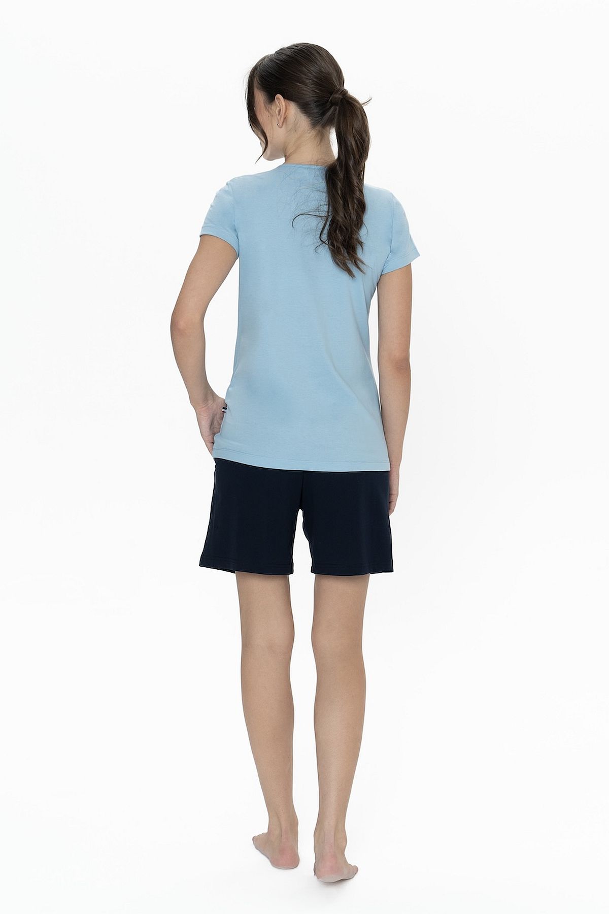 U.s Polo Assn. 20011 Kadın Kısa Kollu Bisiklet Yaka Şortlu Pijama Takımı-Mavi