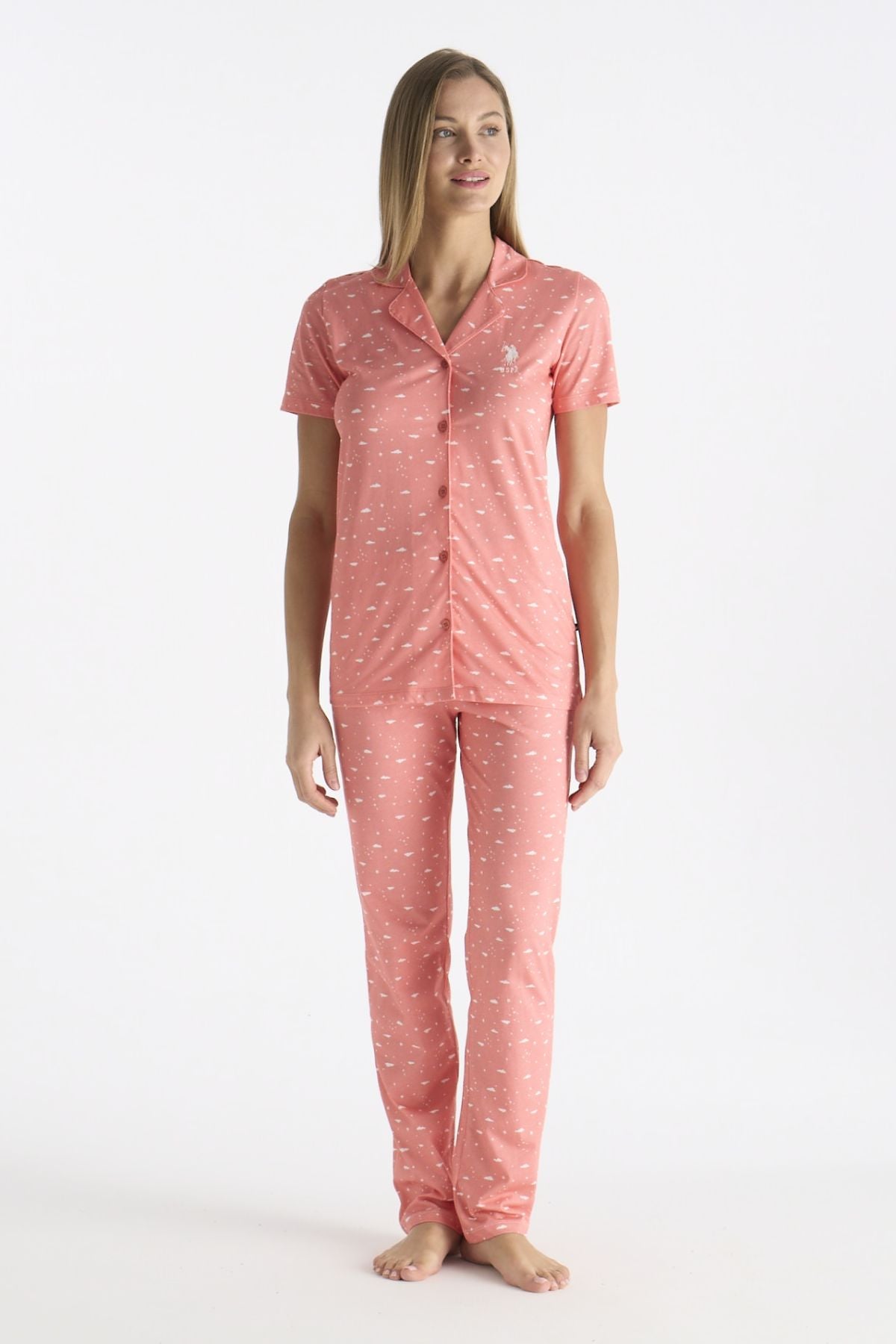 U.s Polo Assn. 20233 Kadın Kısa Kollu Önden Düğmeli Pijama Takımı-Somon