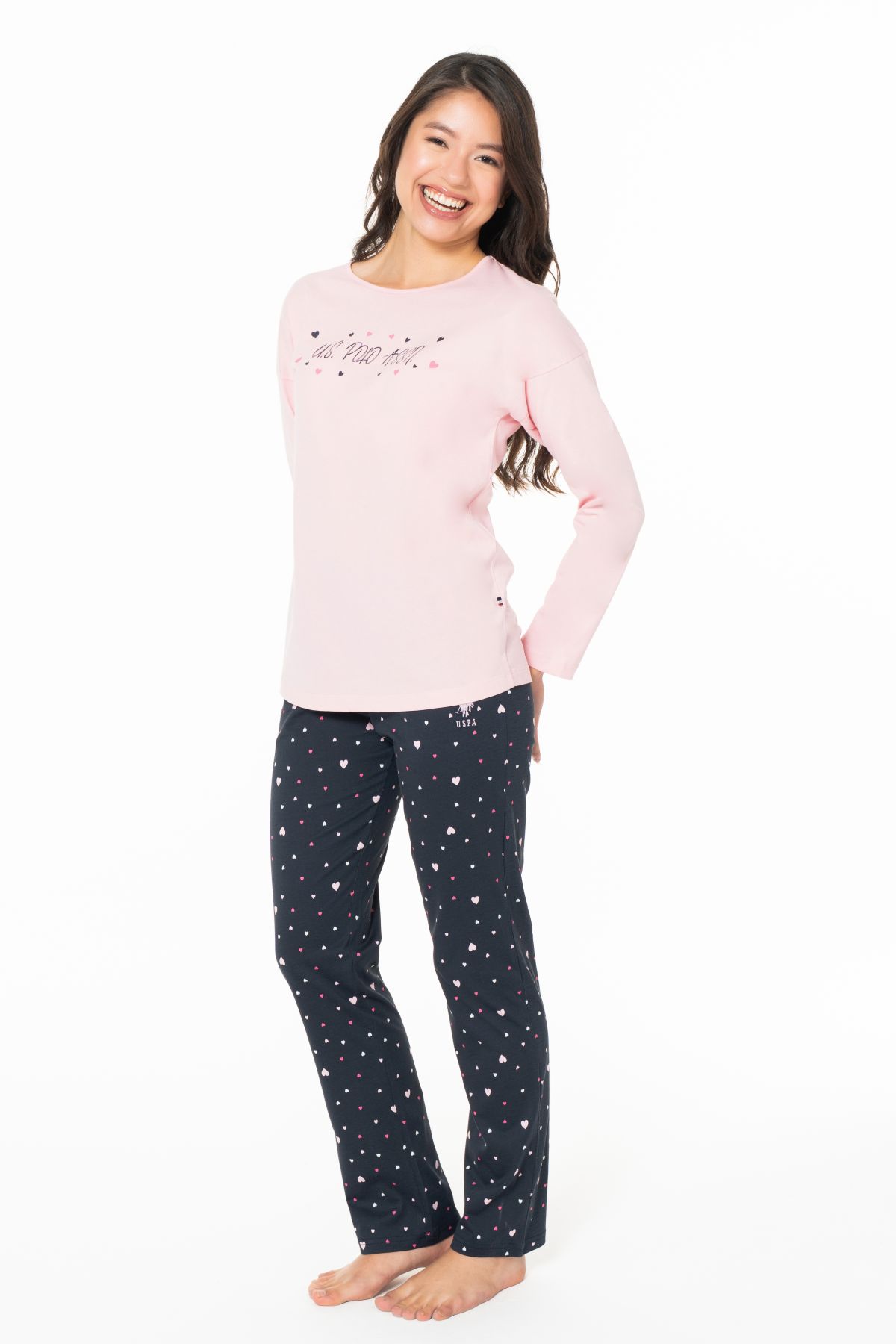 U.s Polo Assn. 20140 Kadın Uzun Kollu Bisiklet Yaka Pijama Takımı-Pembe