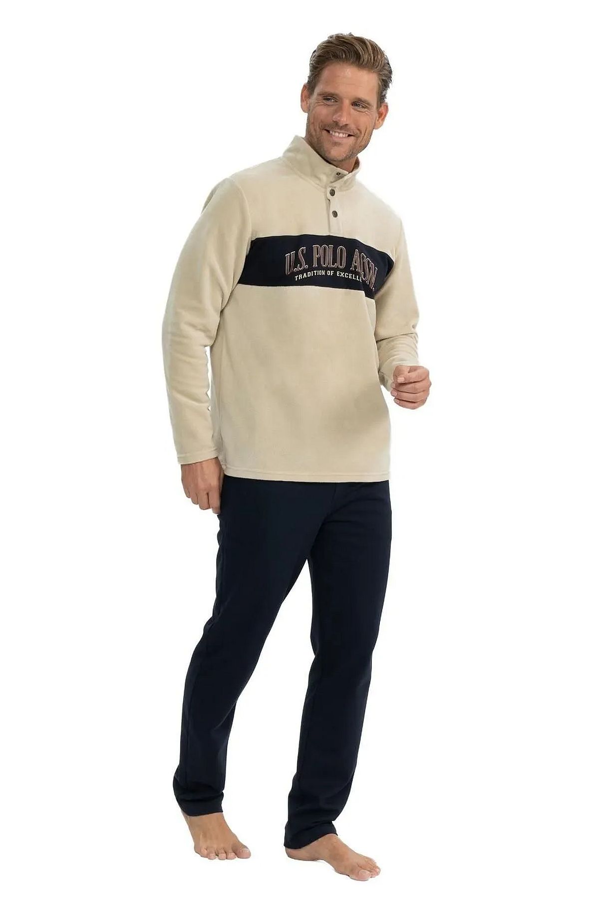 U.s Polo Assn. 18826 Erkek Polar Uzun Kollu Dik Yaka Rahat Ev Giyim-Bej