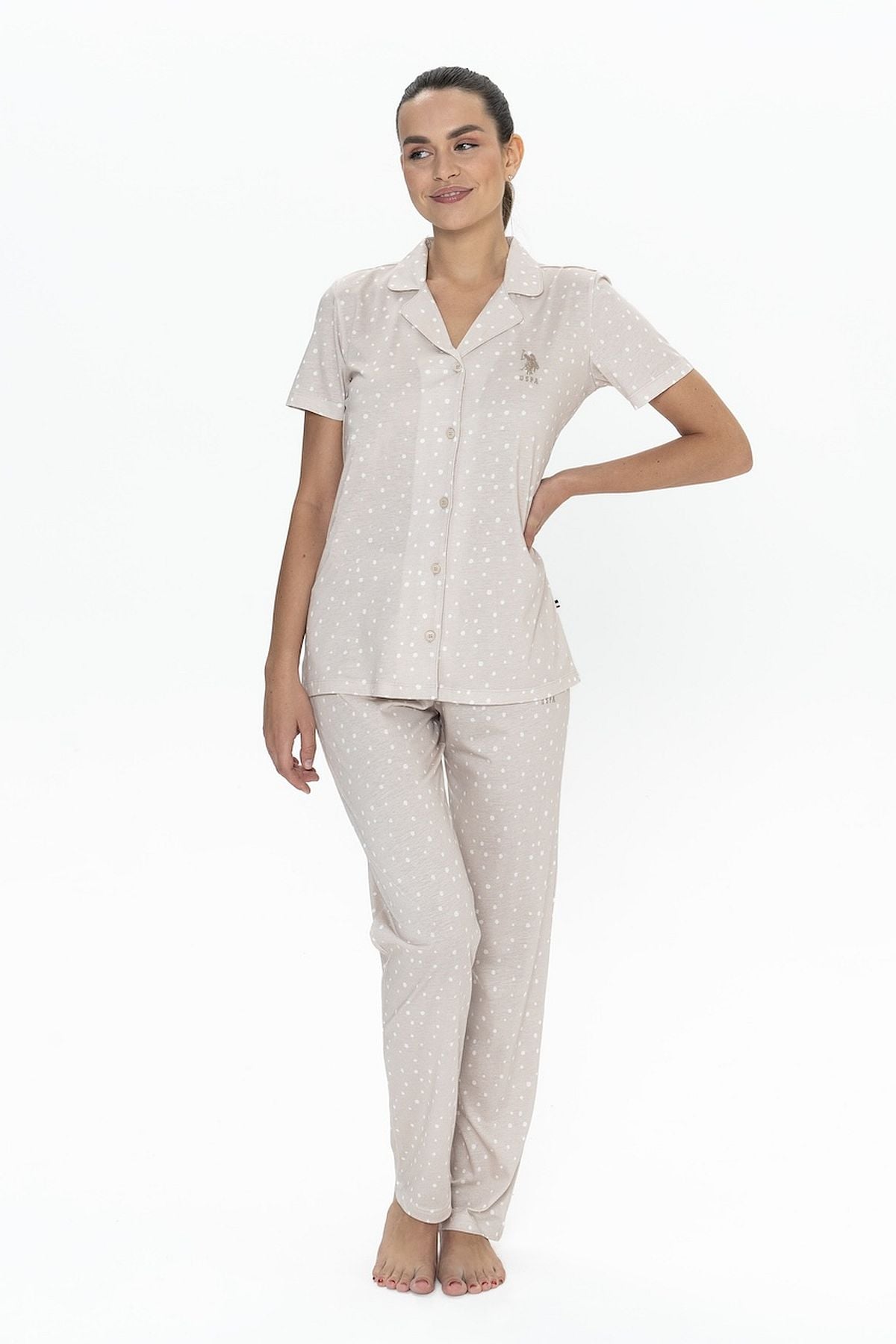 U.s Polo Assn. 20051 Kadın Kısa Kollu Gömlek Pijama Takım-Bej