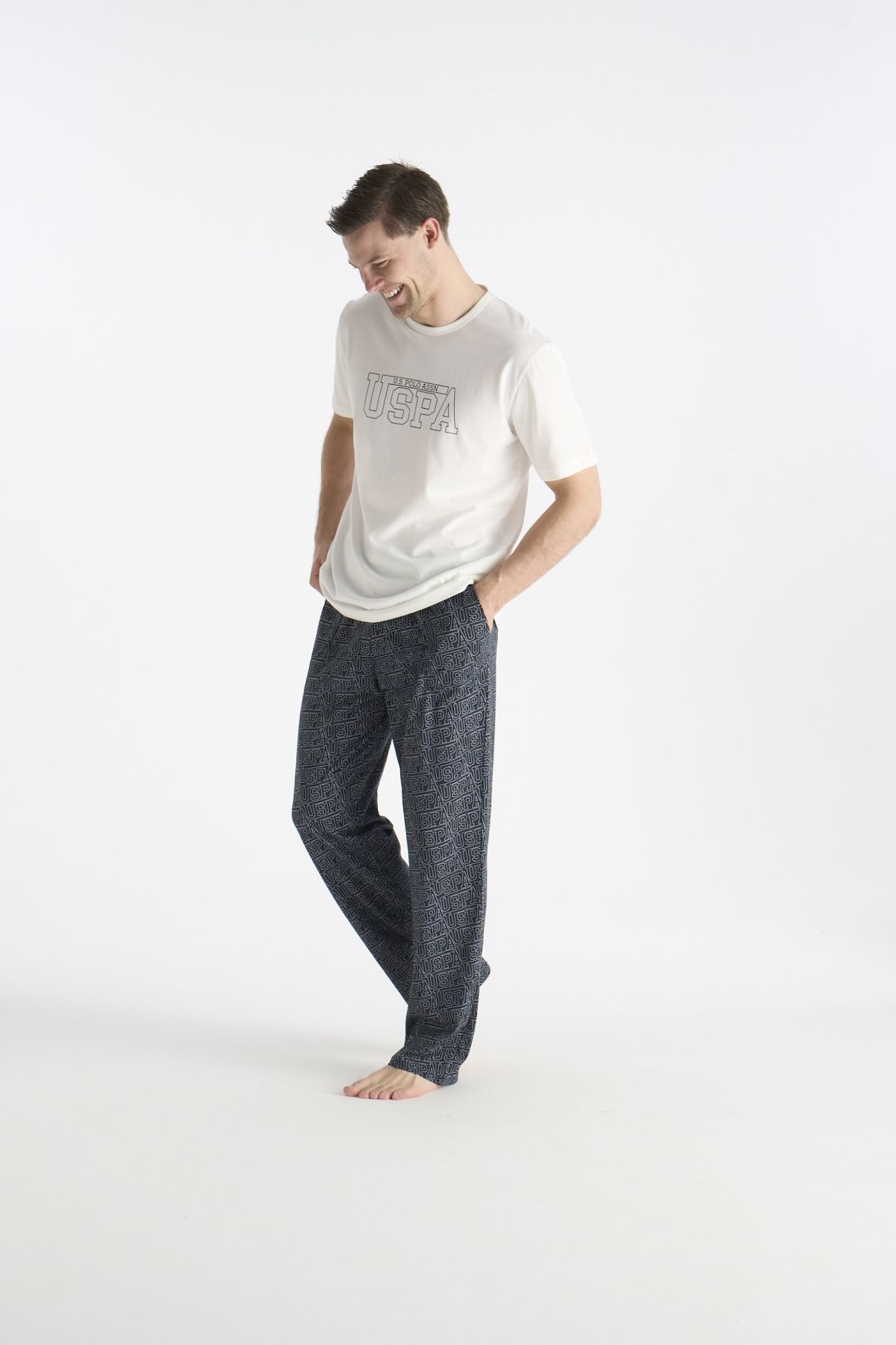 U.s Polo Assn. 19049 Erkek Bisiklet Yaka Kısa Kollu Pijama Takımı-Ekru