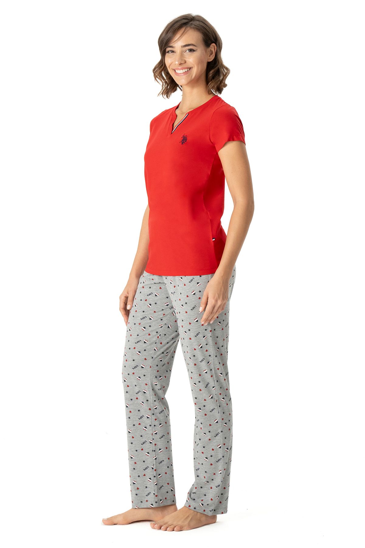 U.s Polo Assn. 17004 Kadın Kısa Kollu V Yaka Pijama Takımı-Kırmızı