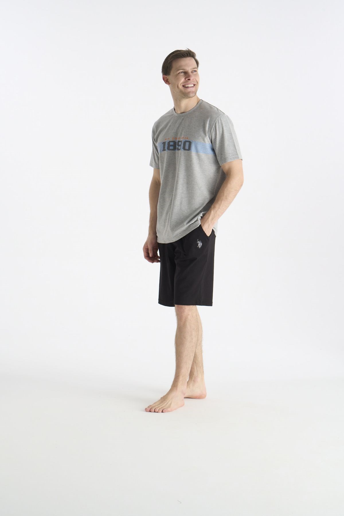 U.s Polo Assn. 19019B Erkek Kısa Kollu Bisiklet Yaka Şortlu Pijama Takımı-Gri